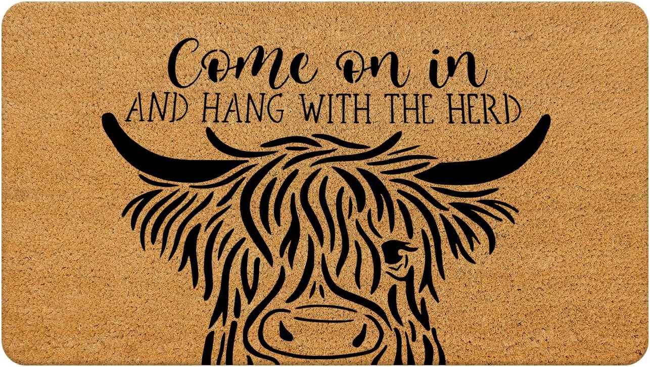 Funny Welcome Mats Outdoor - Highland Cow Decor Front Door Mat Outdoor Entrance, Come on in and Hang with The Herd Welcome Mat, Indoor Door Mats for Entryway, 17x30 Inches