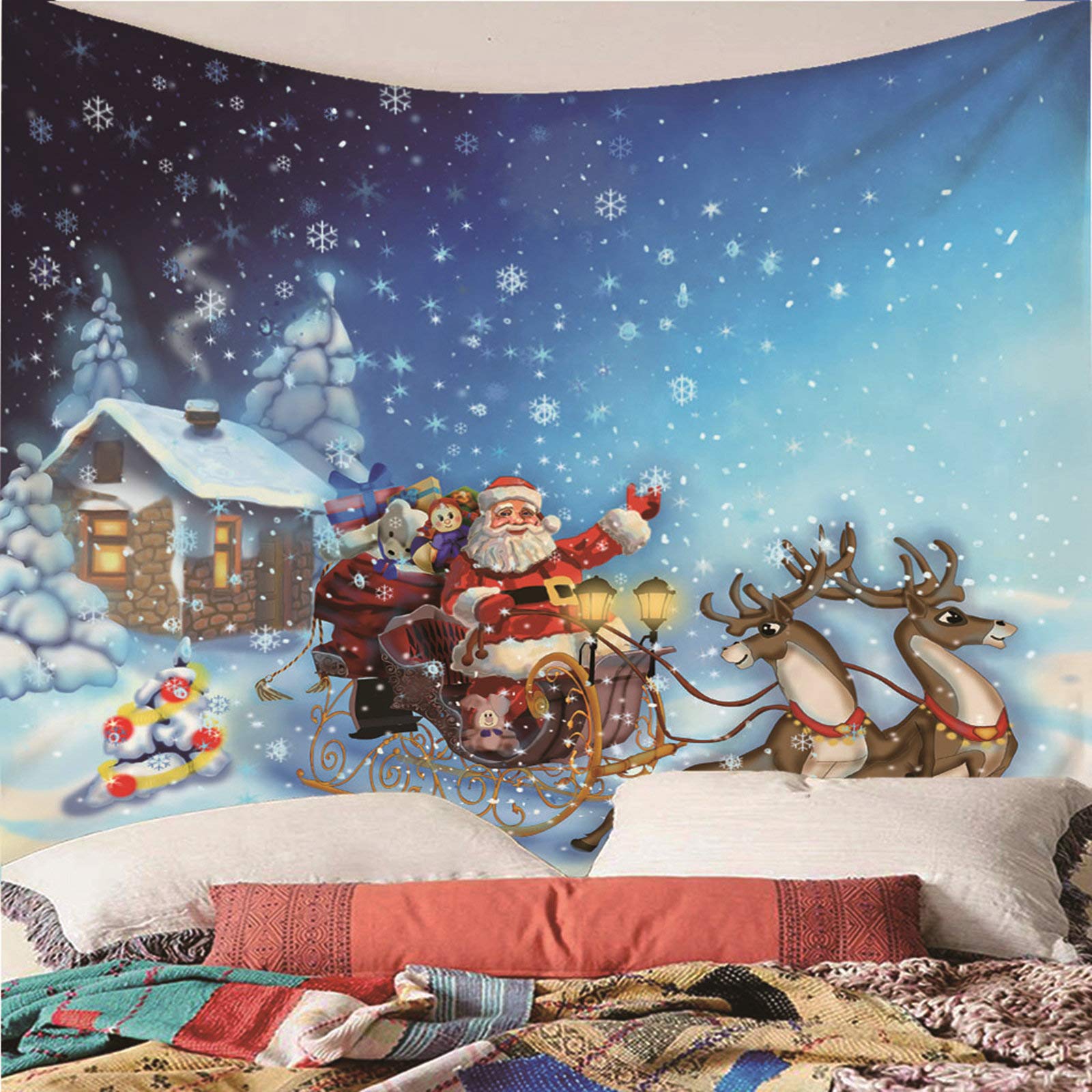 Banemi Medytacja gobelin wiszący na ścianie, hipisowski trippy gobelin kolorowy jeleń sanie Święty Mikołaj pokój dekoracja domu 210 x 140 cm