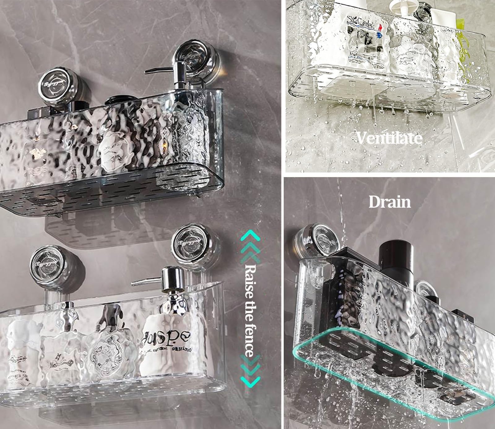 Organizador de ducha con ventosa, estante transparente montado en la pared para baño, cocina, instalación sin taladro, solución de almacenamiento extraíble, diseño de patrón glaciar de lujo ligero