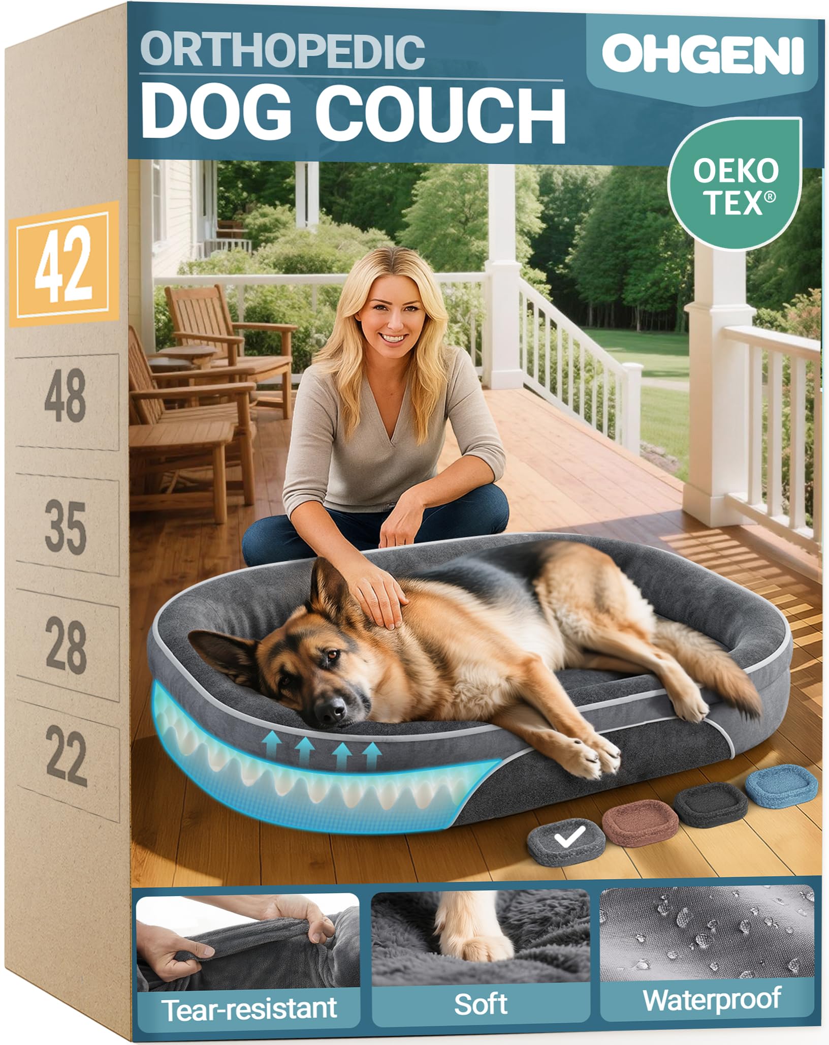 OhGeni Orthopedic Big Dog Couch X-Large Sized Pet Beds for Fathers Gifts with Comfort Foam Support, Soft Indestructible Fabric, Machine Washable Waterproof Removable Cover, 42-Inch (Gray)