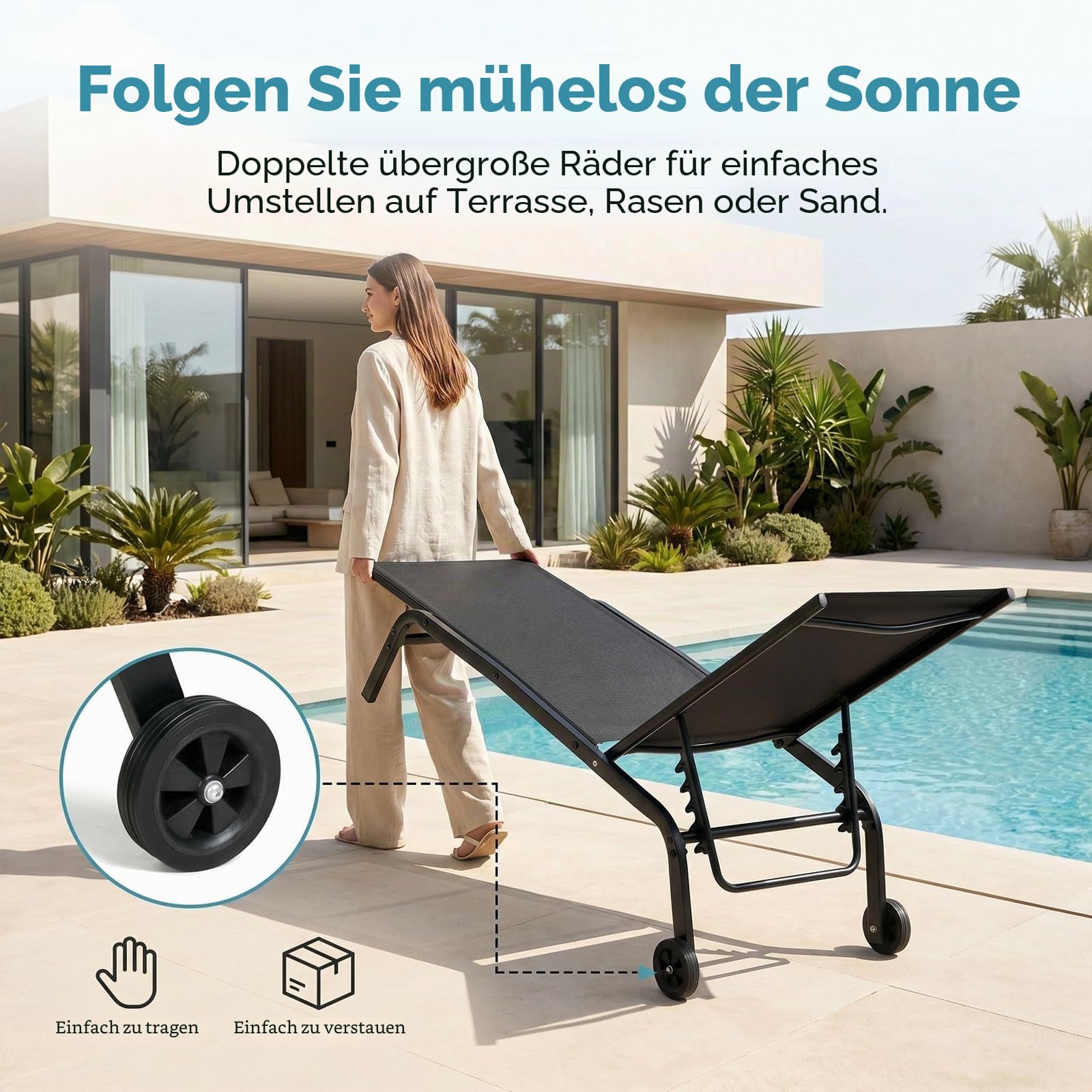 LIFERUN Sonnenliege mit Rollen, Gartenliege 2er Set, wetterfeste, 5-Fach Verstellbarer Rückenlehne, Outdoor Liegestuhl, Relaxliege bis 120kg belastbar, für Garten, Poolbereich, Balkon, Schwarz