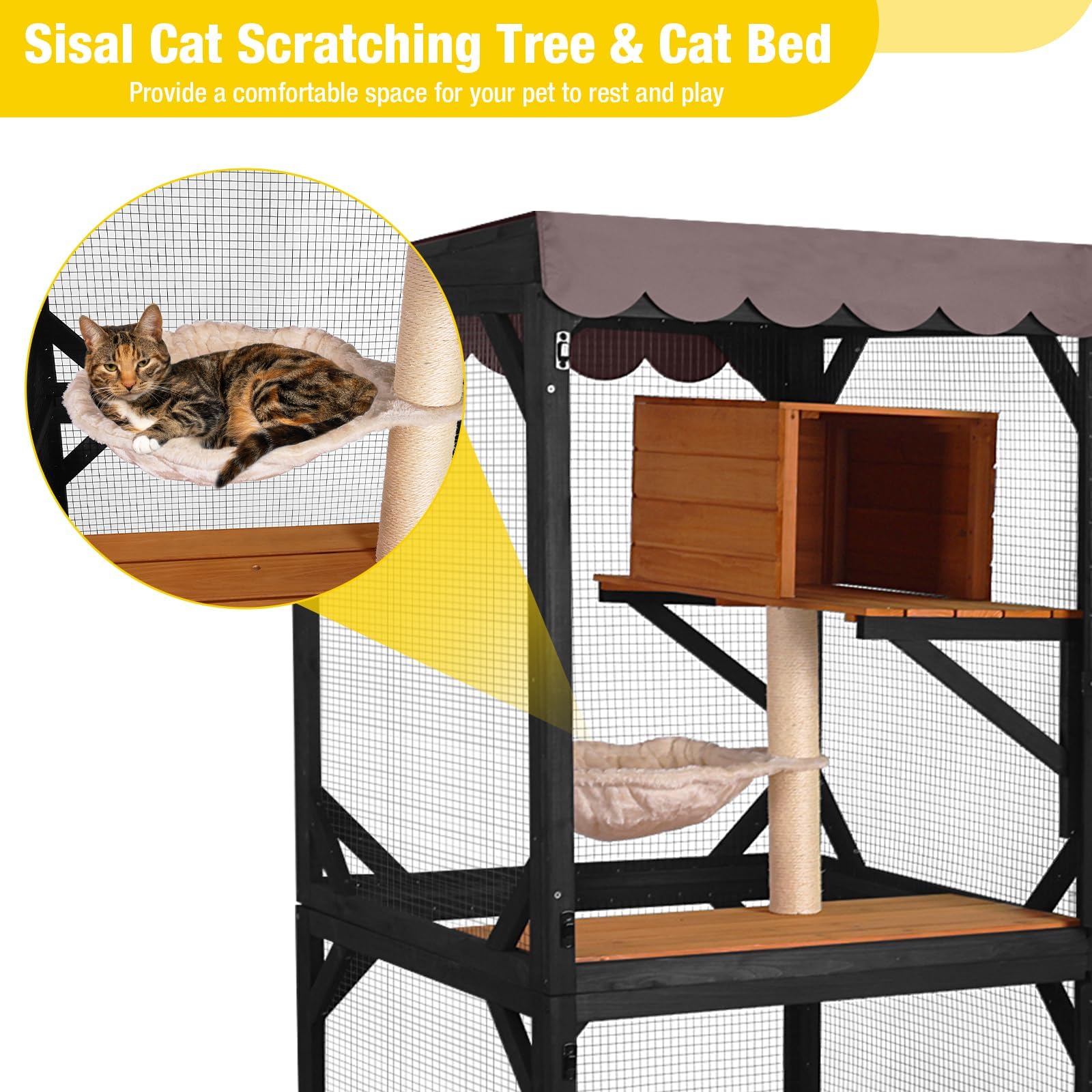X-ZONE PET Katzengehege für den Außenbereich auf Rädern, Katzenhaus für drinnen und draußen mit Katzenbett, Kratzbaum, Sprungplattformen, wasserdichtes Dach (Braun) 80 cm / L x 80 cm / B x 182,5 cm