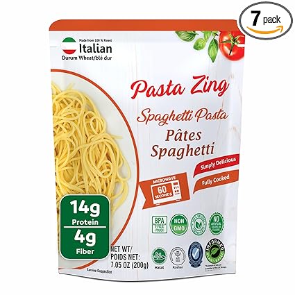 Pasta Zing Spaghetti Pasta Made with Italian Durum Wheat | Ready to Eat Meals in 60 seconds | Fully Cooked, Microwave Meals, Ready Pasta for Dinner, Easy Dinner Sides | Pack of 7, 7.05 Ounce