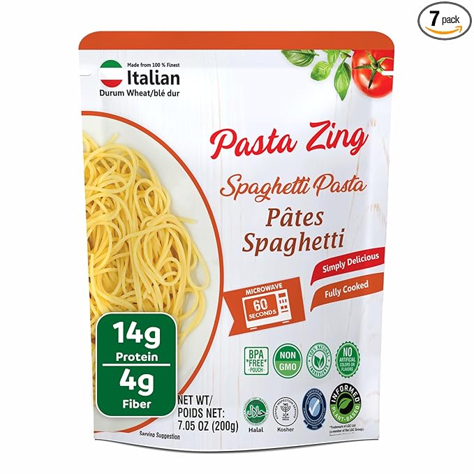 Pasta Zing Spaghetti Pasta Made with Italian Durum Wheat | Ready to Eat Meals in 60 seconds | Fully Cooked, Microwave Meals, Ready Pasta for Dinner, Easy Dinner Sides | Pack of 7, 7.05 Ounce