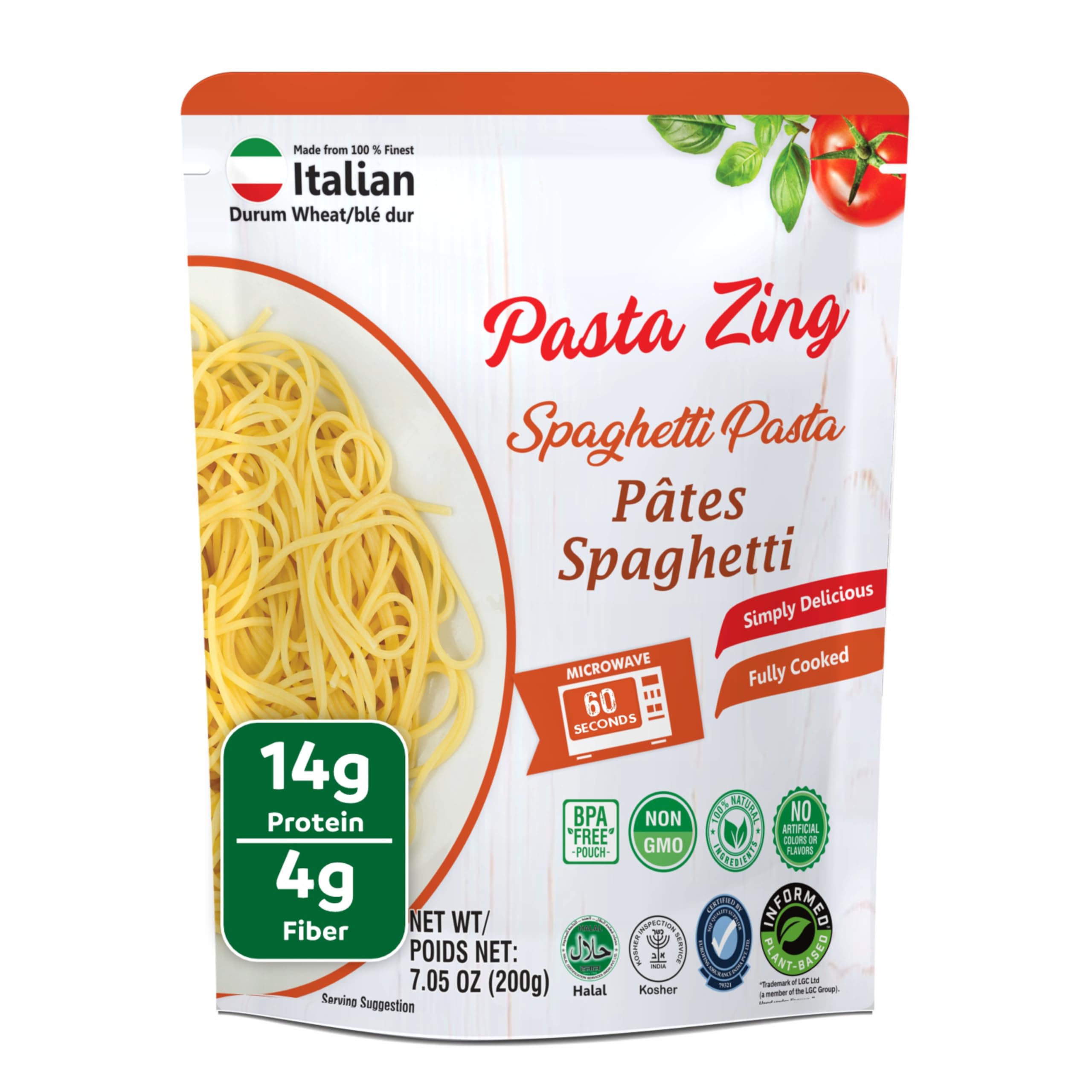 Pasta Zing Spaghetti Pasta Made with Italian Durum Wheat | Ready to Eat Meals in 60 seconds | Fully Cooked, Microwave Meals, Ready Pasta for Dinner, Easy Dinner Sides | Pack of 7, 7.05 Ounce