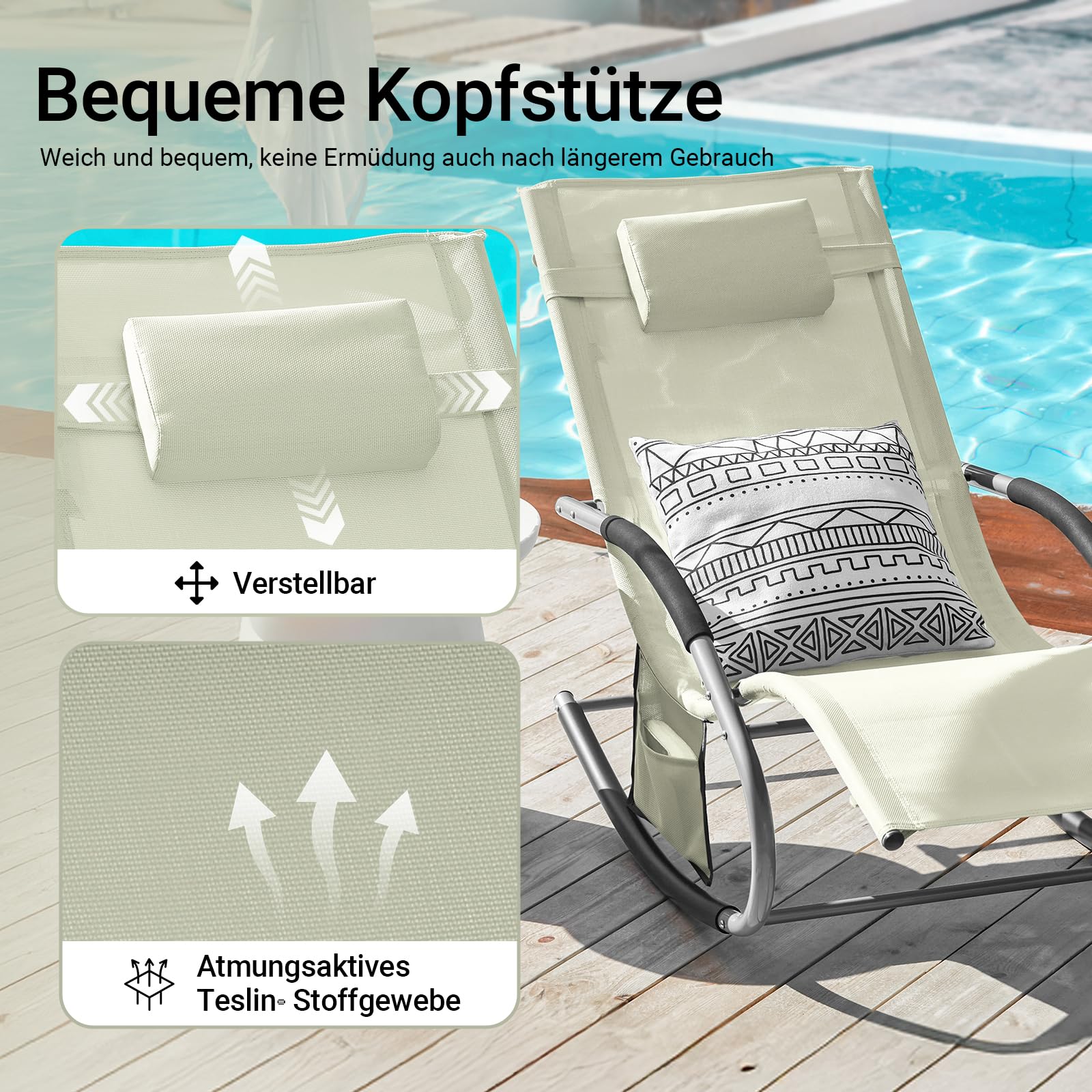 SoBuy Set di 2 sedie a dondolo da esterno con cuscino e poggiatesta, beige, 150x63x87 cm