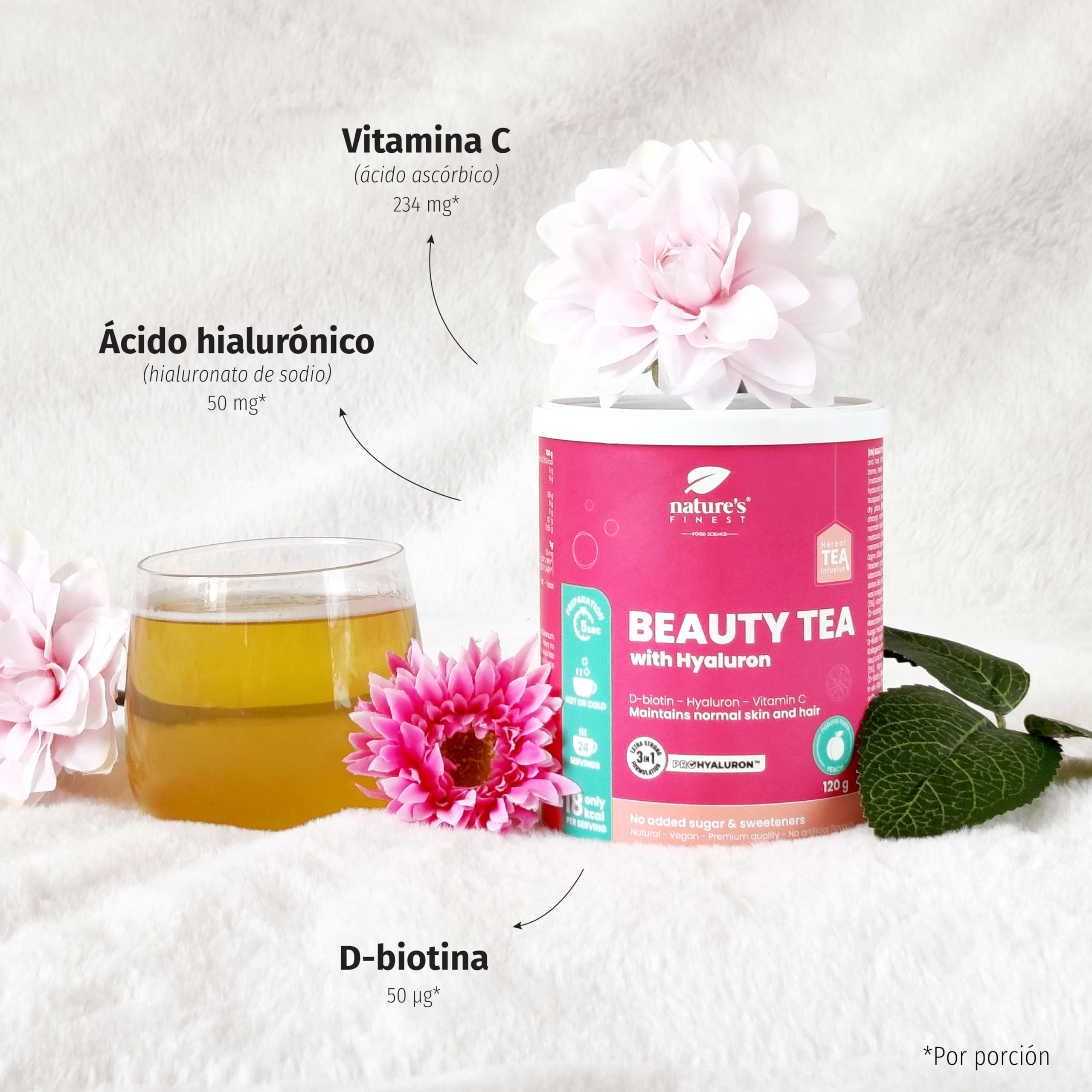 Nature's Finest Beauty Tea, Té Instantáneo 600 g (Paquete de 5) | té instantáneo con ácido hialurónico, biotina y vitamina C - sabor melocotón - sin edulcorantes - se disuelve en agua tibia