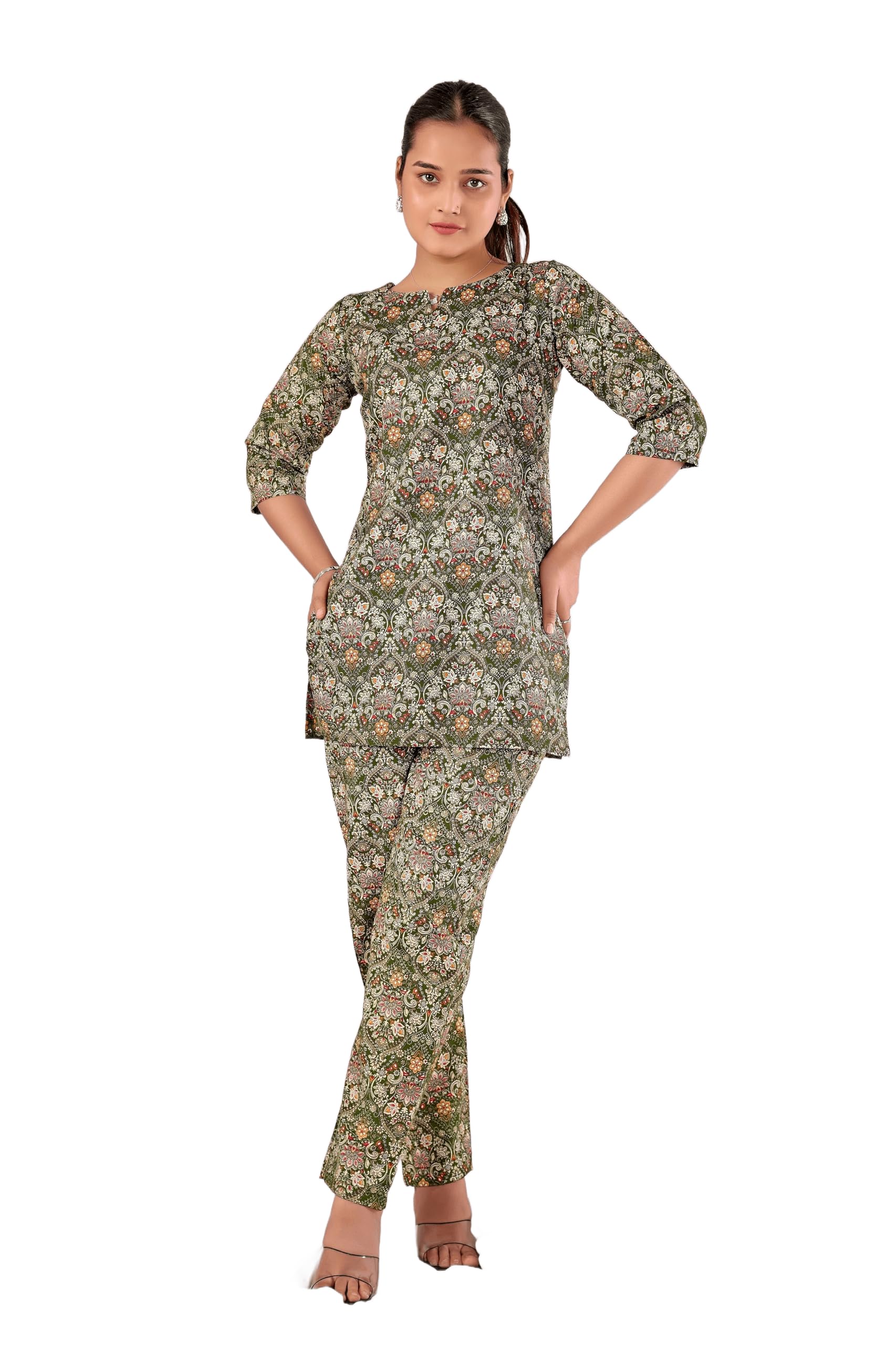 MSRETAILWomen Tunic Pant Co OrdsSet | Premium Casual Two Piece Outfit for Everyday Elegance | Mehendi Green Cotton Blend Matching Top and BottomSet-image-2