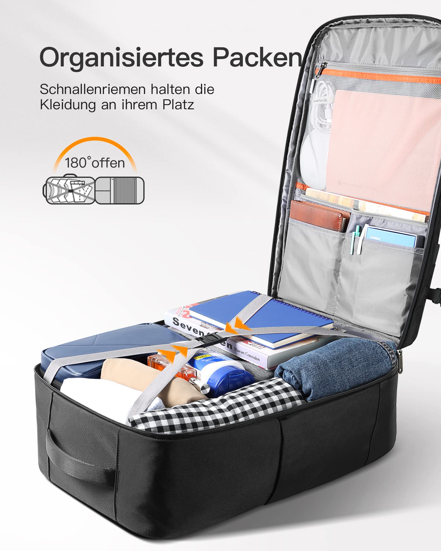 Inateck 42L Supergroßer Handgepäck Reiserucksack Flugzeug Laptop Rucksack für 15,6 Zoll Notebooks, Flug Genehmigt Kabinenrucksack für Weekender | Carry on Kabinenrucksack für 15,6 Zoll Notebooks, Hauptfach um 180° öffnen, Flug Genehmigt für Weekender.Busi