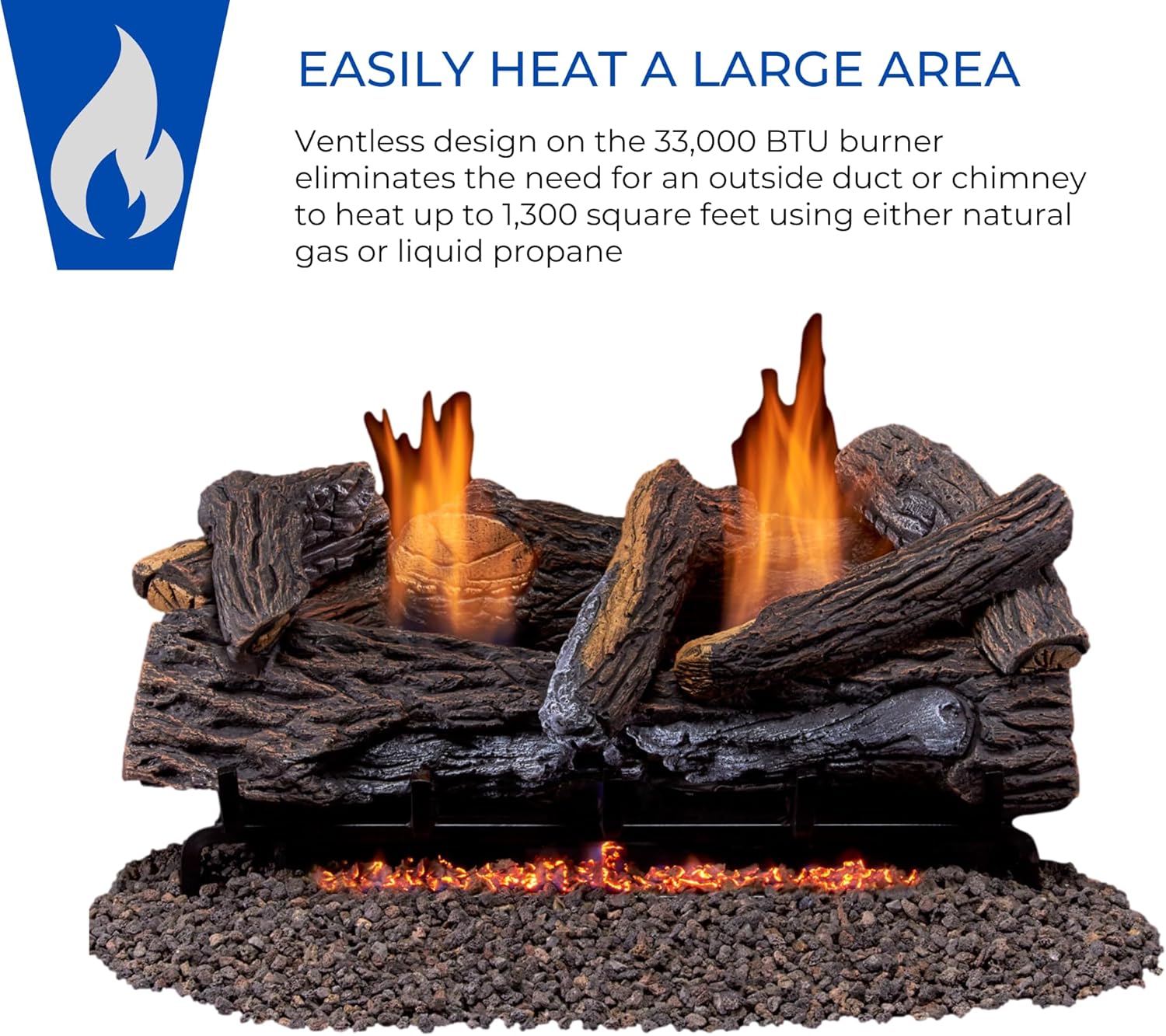 Duluth Forge Ventless Gas Log Set heating a large area, highlighting its 33,000 BTU output and ventless design.