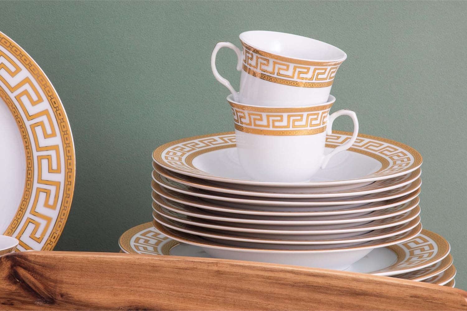Dinnerware Set in Gold and White Fine Porcelain for Every Day or Formal Occasions, Tableware Setting 57 Pieces Service for 8