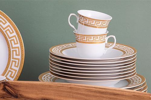 Miniatura 4 de Juego de vajilla en porcelana fina dorada y blanca para todos los días u ocasiones formales, juego de vajilla de 57 piezas para 8