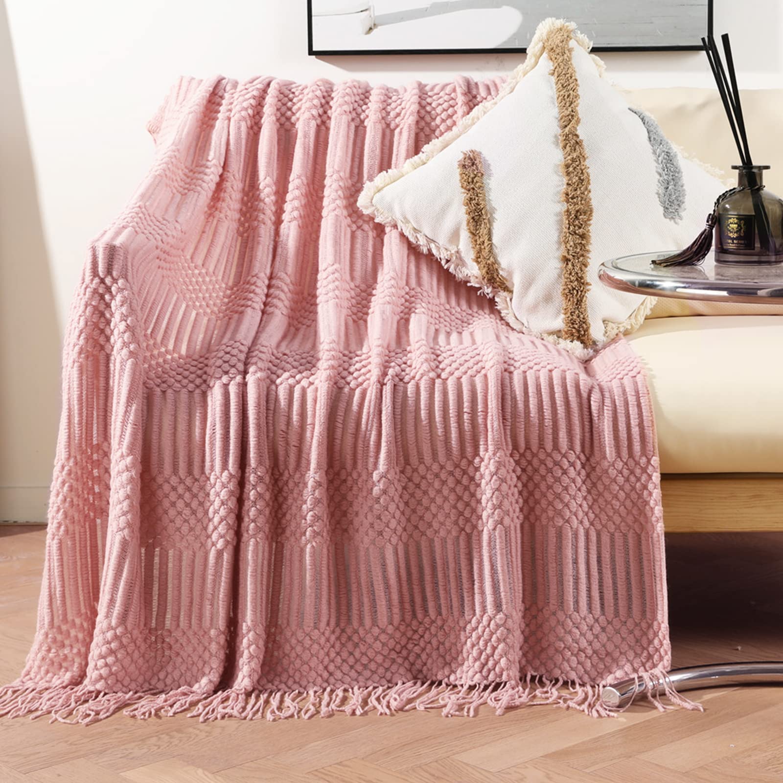 LumiSyne Knitted Throw Blanket With Tassel Solid Color Bubble Pattern Cozy Soft Throws Bedspread Couch Cover Decorative Blanket For Sofa Bed Settee 170x130cm