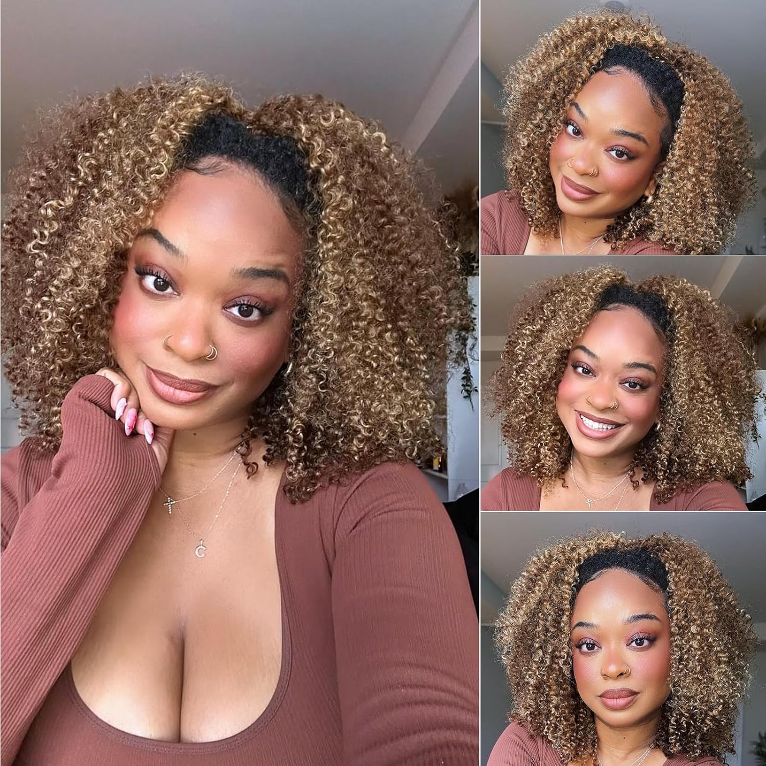 Domiso Afro Kinky Curly 3 In 1 Half Wig Human Hair Seamless Kinky Curly Flip Over Natural Hairline Beginner Friendly Glueless Wear & Go Drawstring Band Clip in Wig (Highlight, 12 Inch)