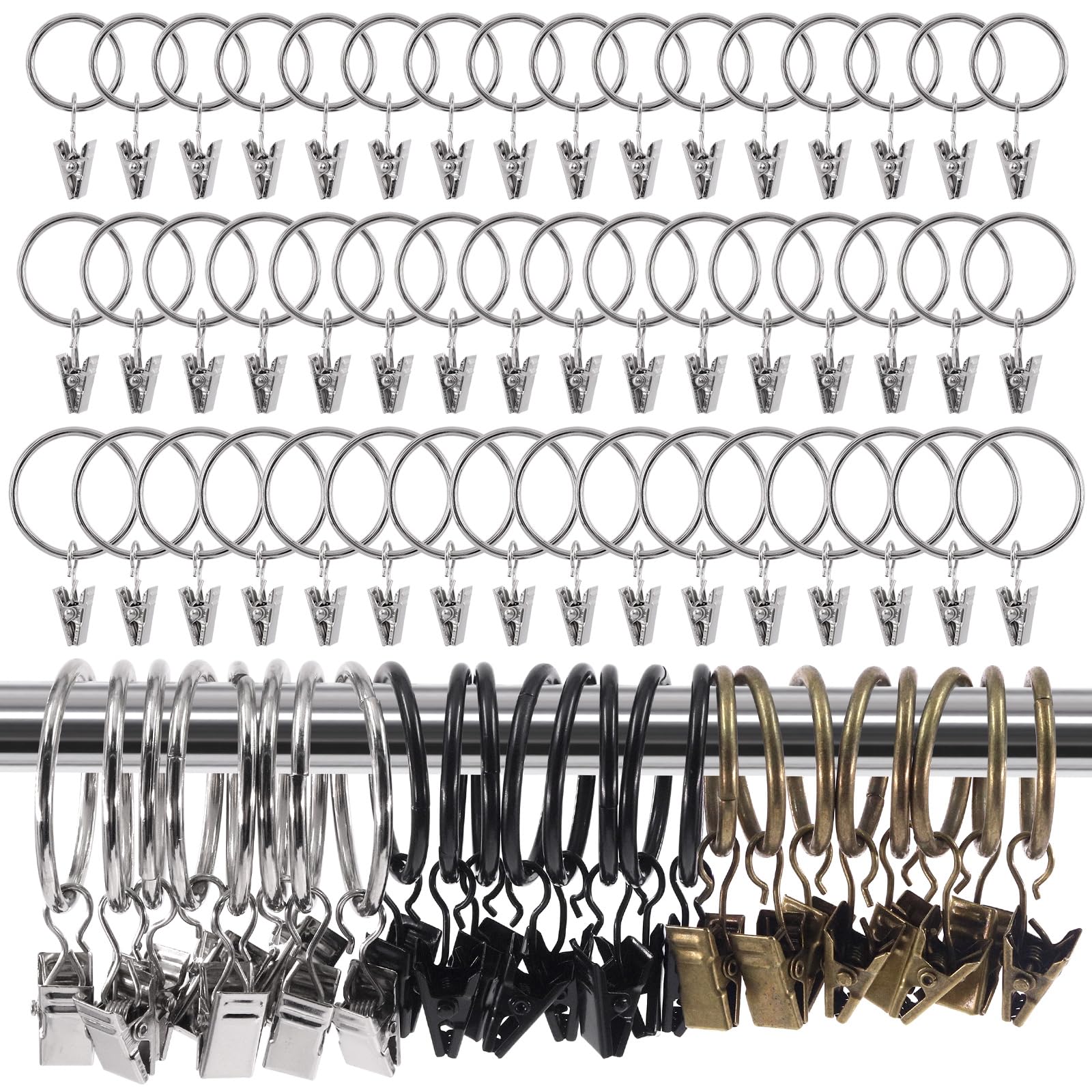 Glarks40Pcs 3 x 35mm Curtain Rings with Clips, Rustproof Metal Drapery Curtain Hanging Rings with Drapery Clips, Decorative Curtain Rod Clips Rings for Window Door Shower Curtain (Silver, 3 x 30mm)