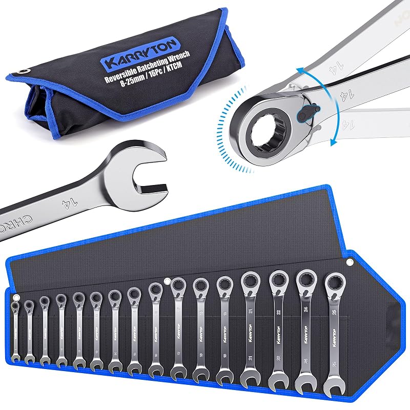 Kit de Chaves Combinadas com Catraca Reversível KARRYTON Métricas de 8 a 25 mm com 16 Peças