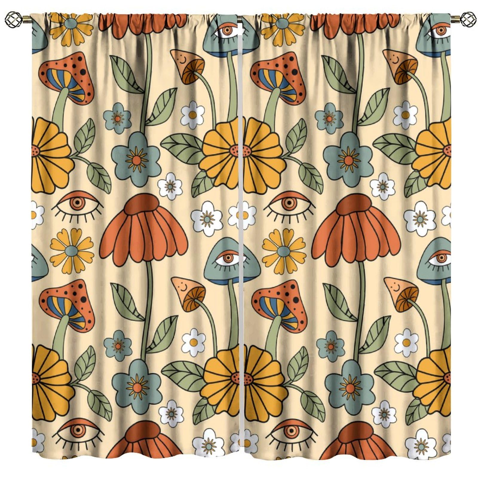 70s Retro Curtains Boho Mushroom Floral Bohemian Yellow Orange Flowers Rod Pocket Blackout Window Drapes for Bedroom Living Room Kitchen Cafe Decor （