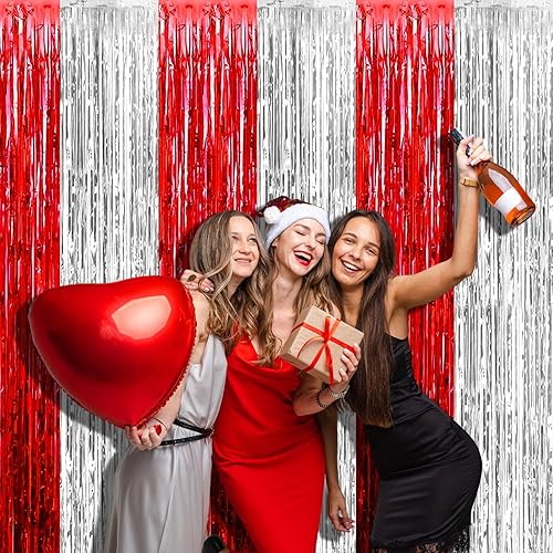 Miniatura 9 de Paquete de 4 cortinas de flecos de papel de aluminio blanco macarrón, 3.2 x 9.8 pies, cortinas de flecos metálicos de oropel para fiestas, cabina de