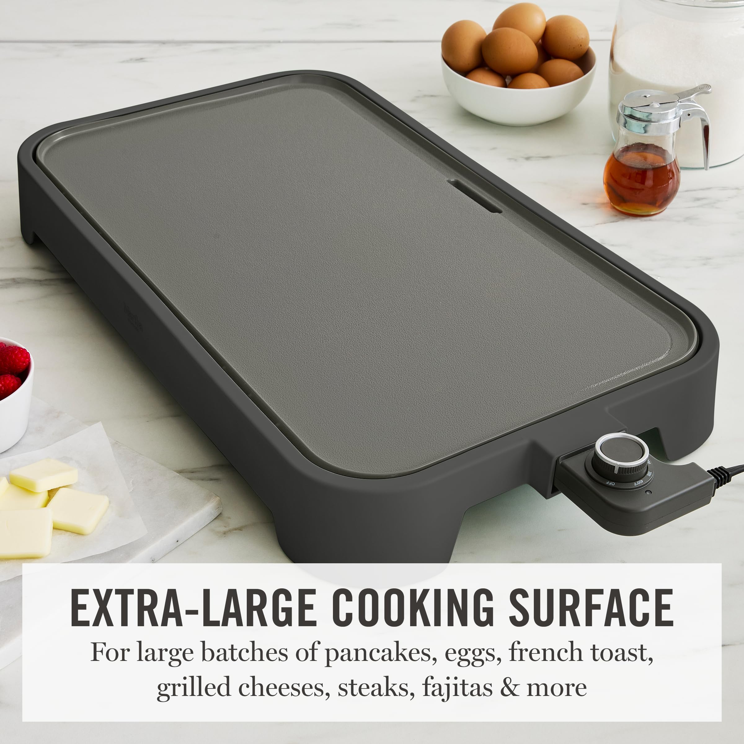Martha Stewart 12” x 22” Electric Griddle, XL Ceramic Nonstick Flat Top Cooking Surface, Adjustable Temperature Dial, Drip Tray, Dishwasher Safe, 1500W Fast Even Heating, Pancakes & Eggs, Caviar Gray - 4