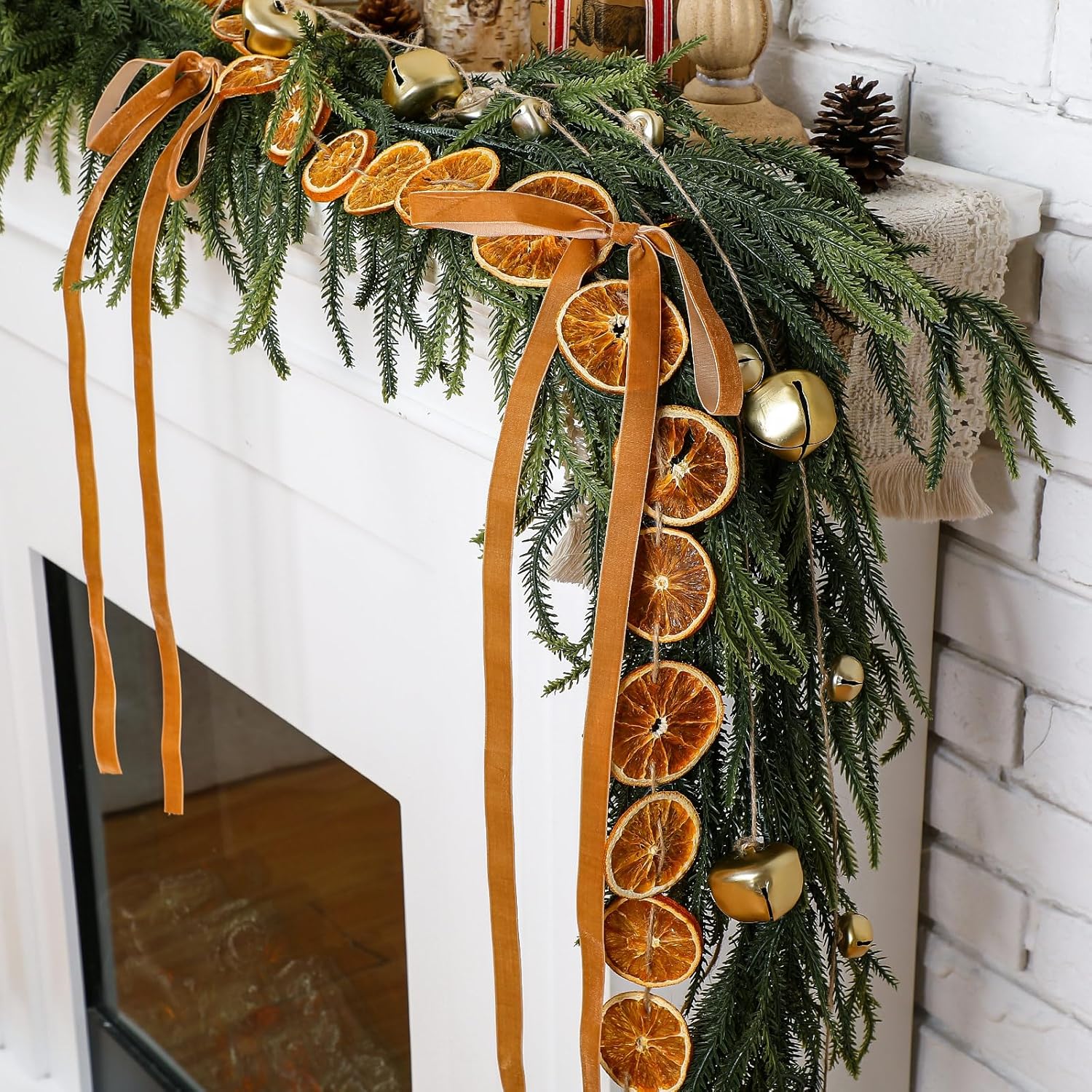 6FT Christmas Garland Decoration Realistic Norfolk Pine Greenery with Dried Orange Slices Garland Velvet Bows Rustic Cow Bells Vintage Holiday for Fireplace Mantel Doorway Indoor Outdoor