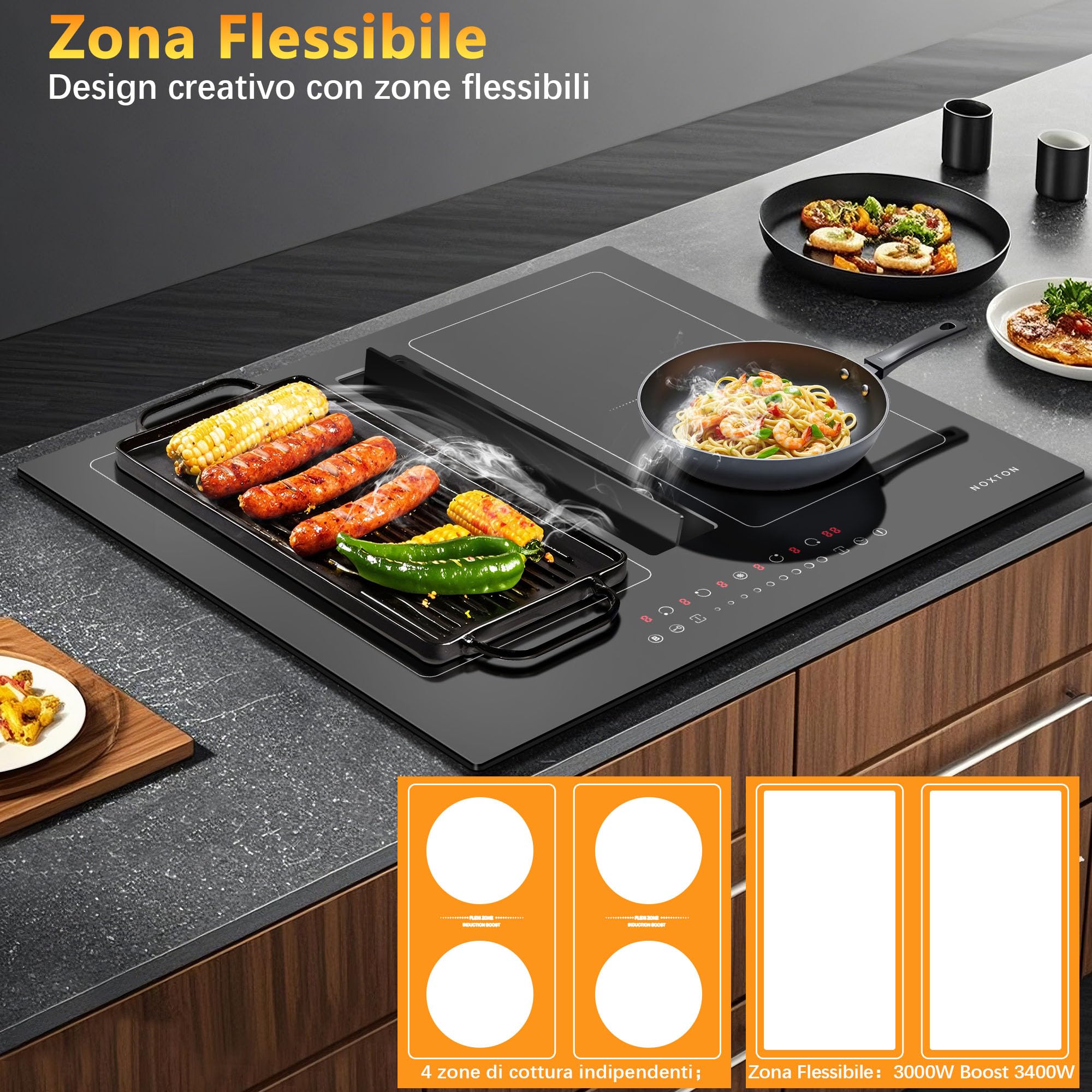 NOXTON Piano Cottura a Induzione 4 Fuochi, 7200W Piano Cottura Elettrico Domino Incasso, 60cm Piastre Induzione con 145W cappa aspirante, Flessible Zone di Controllo Scorrimento, Boost, 220V-240V