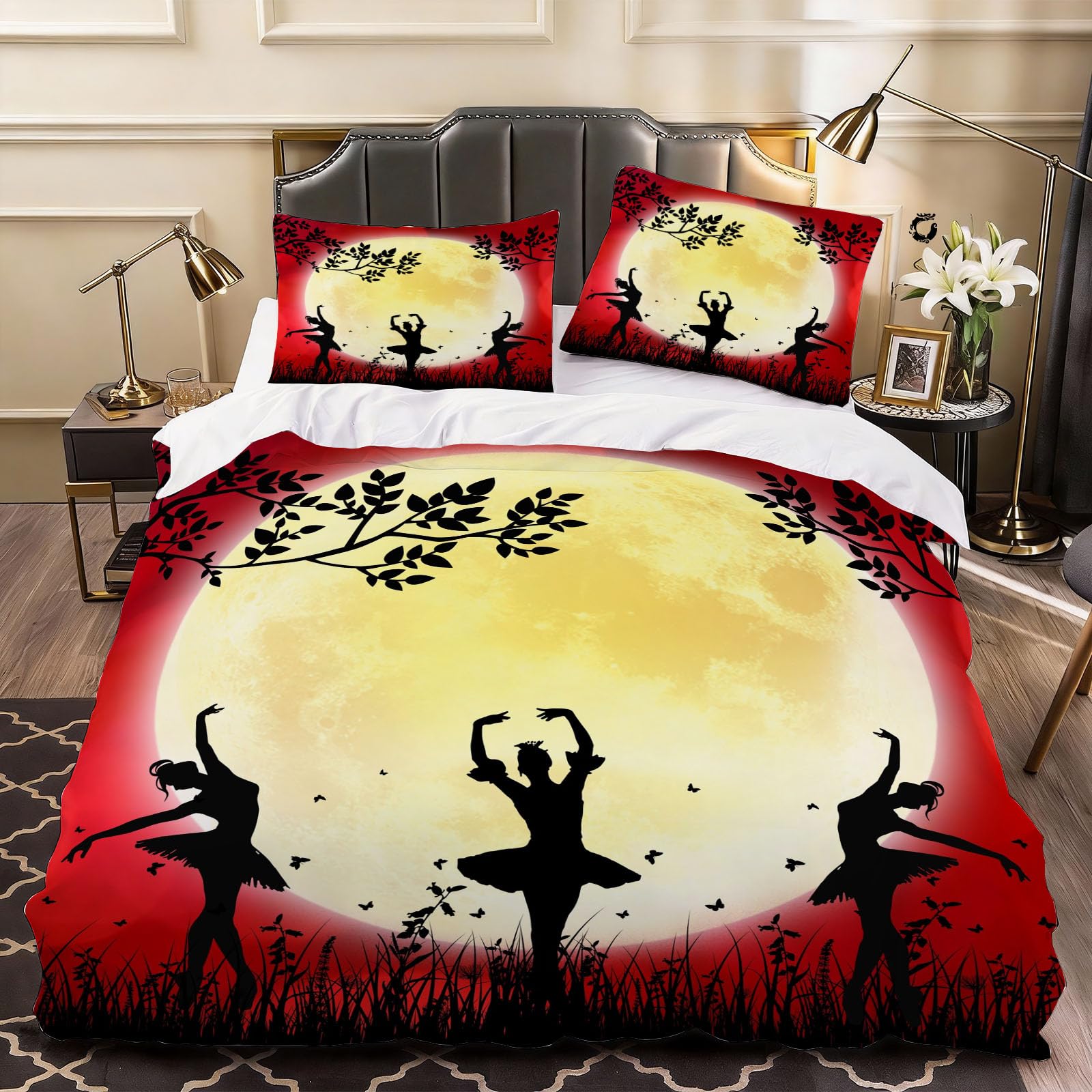 3D Ballet Dancer Duvet Cover Moon Bedding Double Bed Set, Soft Microfiber Comforter Cover Printed with Zipper Closure Quilt Coverr 200x200 cm and 2 Pillowcases