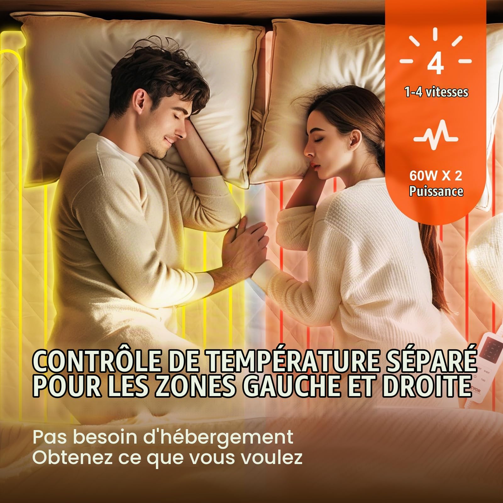 VEVOR Surmatelas Chauffant, 195x165 cm, Chauffe-lit Électrique en Tissu Brossé avec 4 Niveaux de Chauffage, Minuterie de 12 Heures, Arrêt Automatique Après 8 Heures, Sangle Contour Élastique Profonde