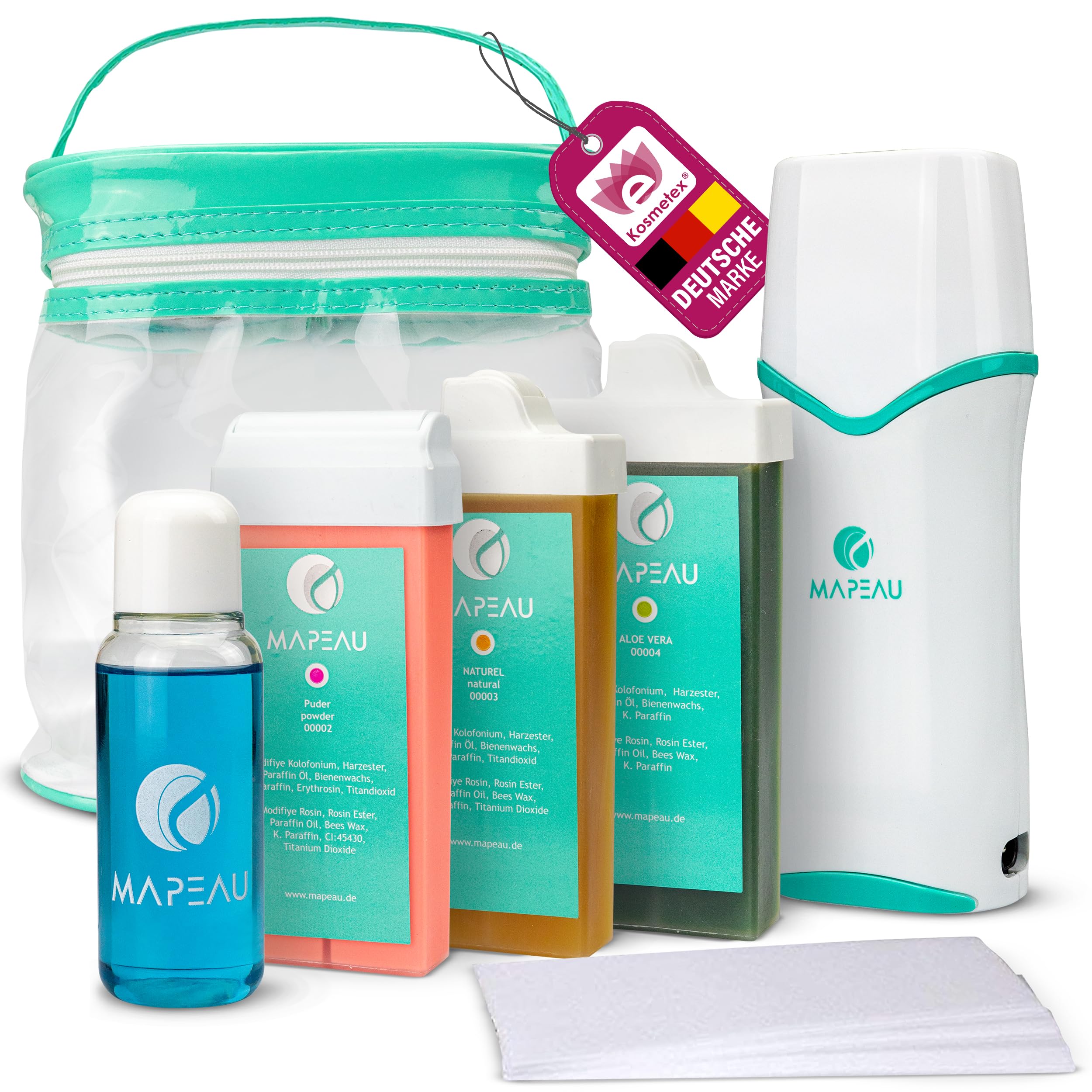 Waxing Set Kosmetex Wachsset, Patronenerhitzer, 3x Wachspatronen, After Öl, Vliesstreifen, 7-tlg Wachspatronenset
