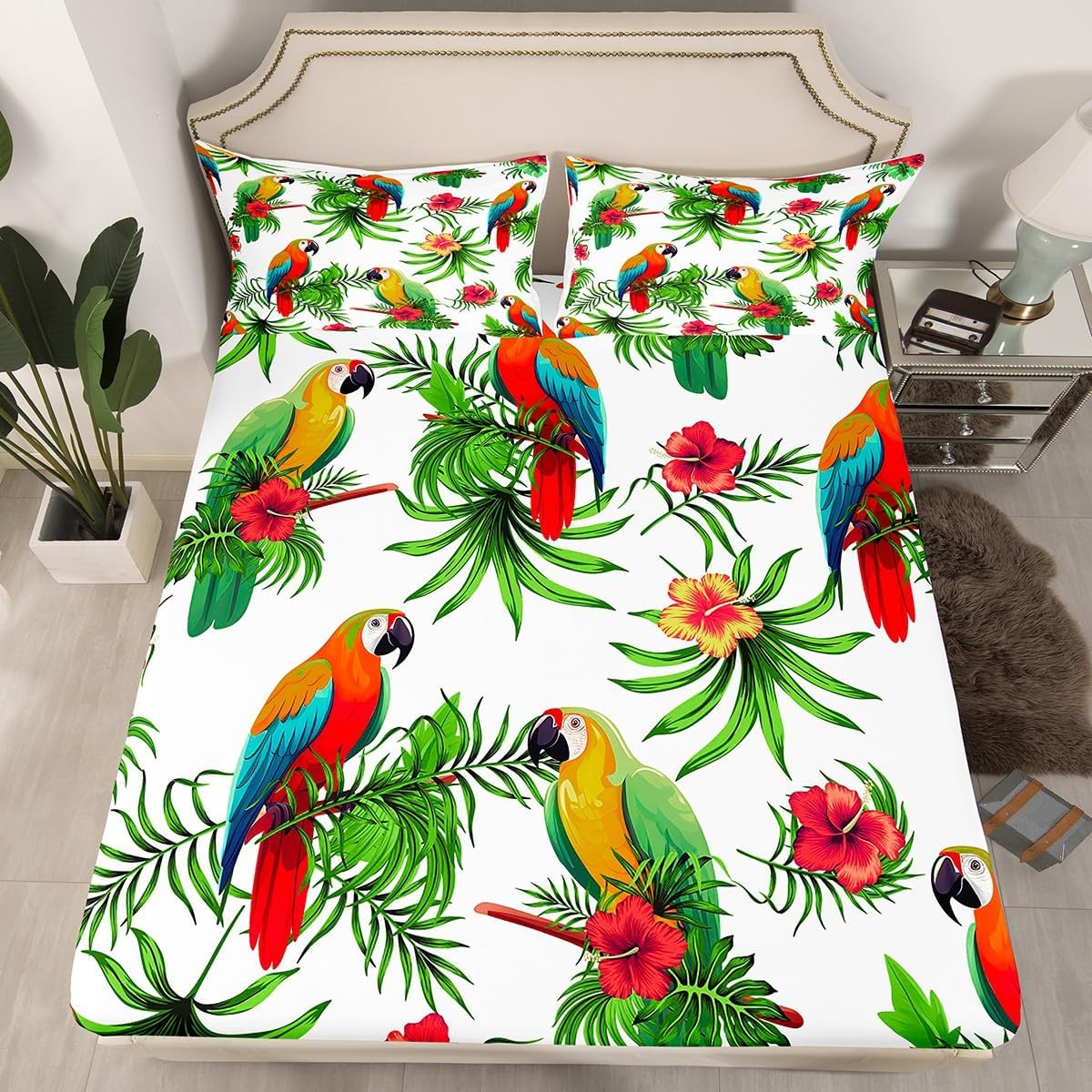Palm Leaves Bedding Set Parrots Fitted Sheet for Kids Boys Girls Teens Tropical Exotic Birds Fitted Sheet & Pillow Sham Set Hibiscus Flowers Bed Cover No Flat Sheet Colorful Room Decor Twin Size…