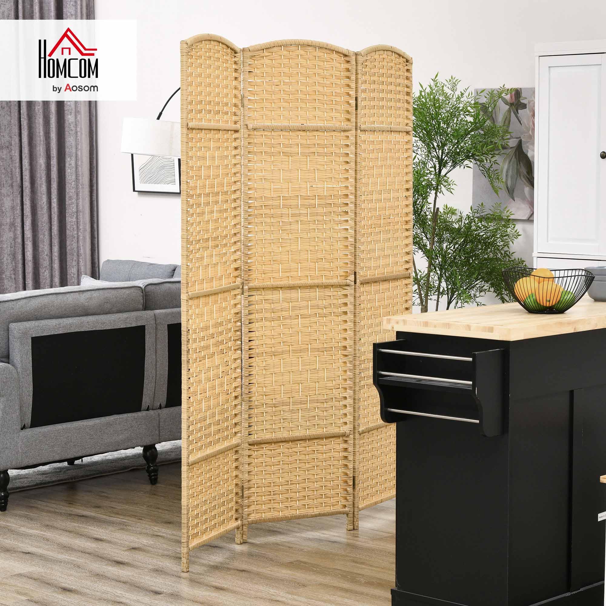 HOMCOM Paravento da Interno a 3 Pannelli Pieghevole, 135x180 cm Separé Divisorio per Ambienti Interno Autoportante Intrecciato in PP e Legno di Pino per Casa, Soggiorno e Ufficio, Effetto Naturale