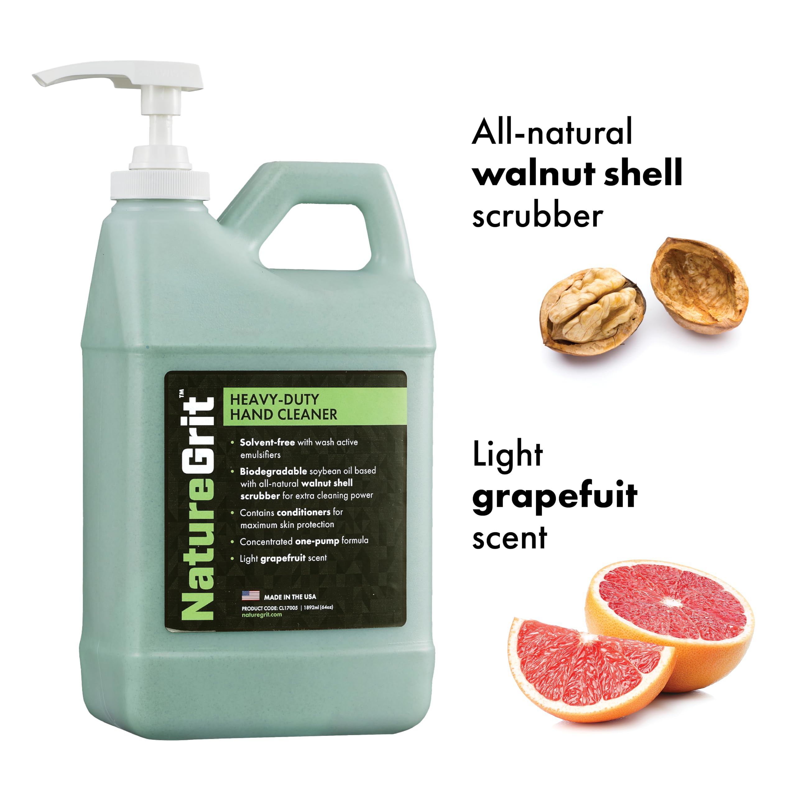 Nature Grit Wytrzymała przemysłowa pompa do czyszczenia rąk - Odżywki z łupin orzecha włoskiego do ochrony skóry dla mechaników samochodowych, produkcji i każdego, kto ma ręce robocze (1)