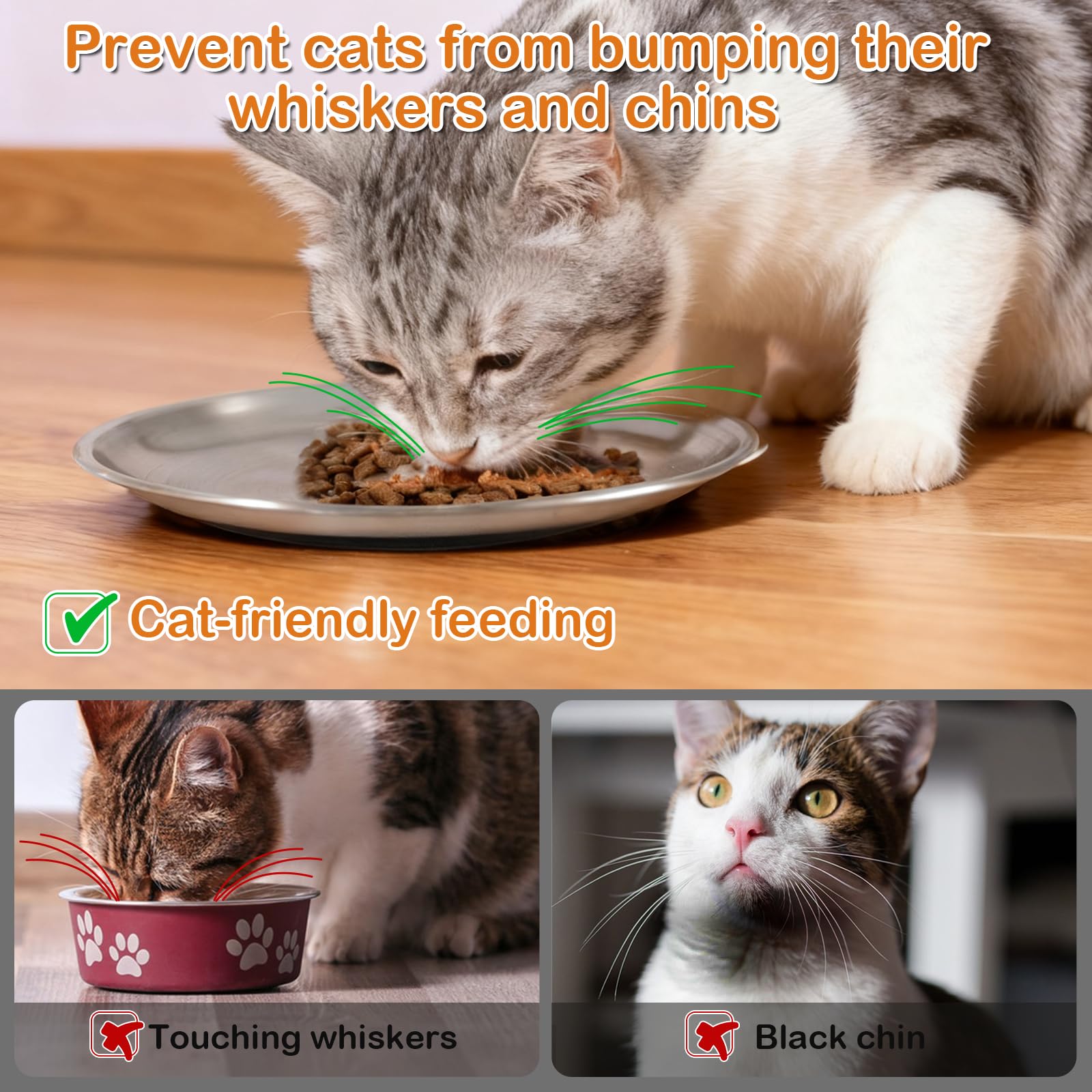 2 Piezas Cuencos Planos para Gatos de Acero Inoxidable,17CM Comedero Plano para Gato con Base Antideslizante,Platos Anchos Aptos para Gatos para Perros Pequeños,Gatos (Plata)