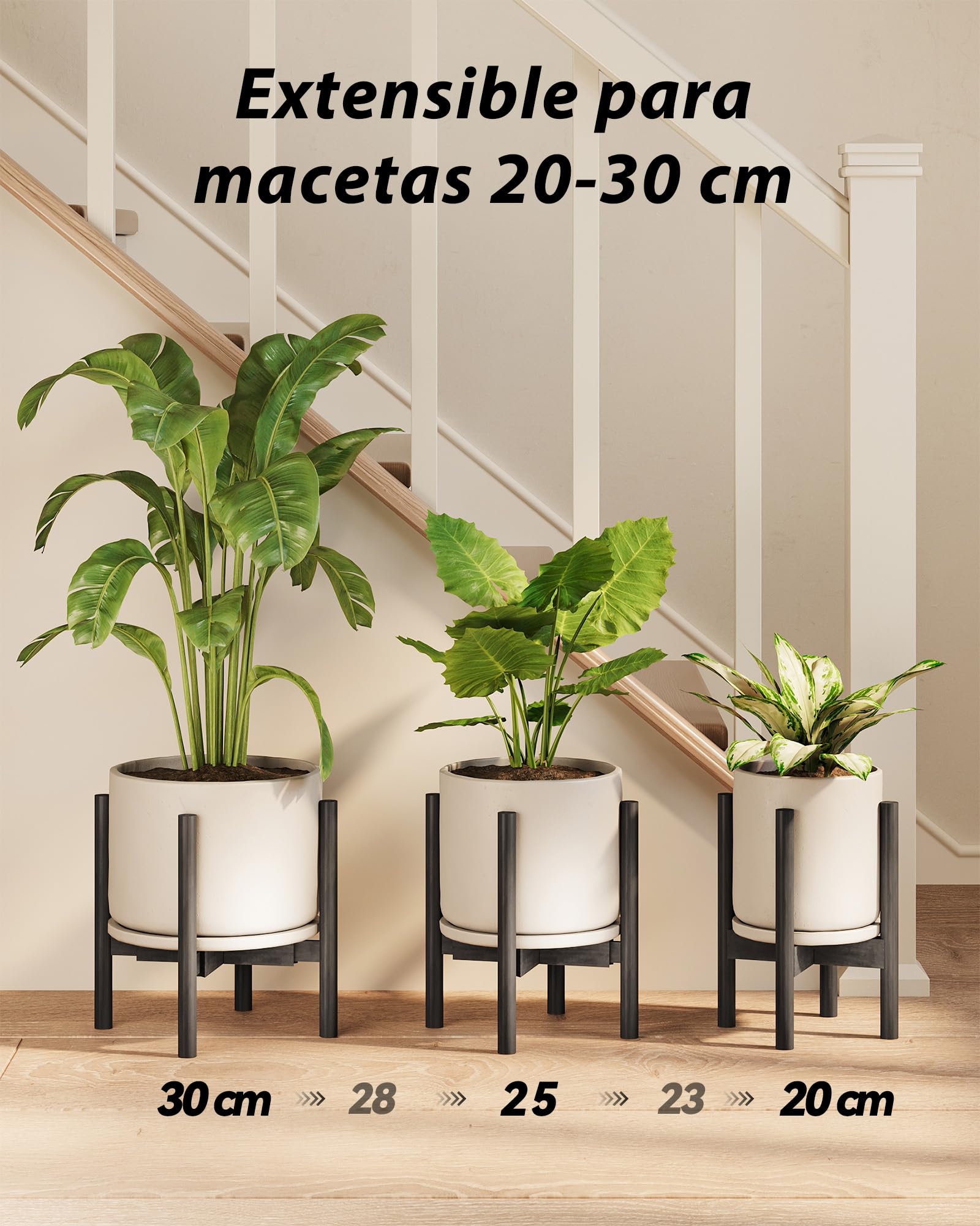 Bamworld Soporte para Plantas y Macetas de Interior de Ancho y Alto Ajustables, Pedestal para Plantas, Plant Stand, Soporte para Plantas Interior, Soporte Macetas Interior, Negro Bajo