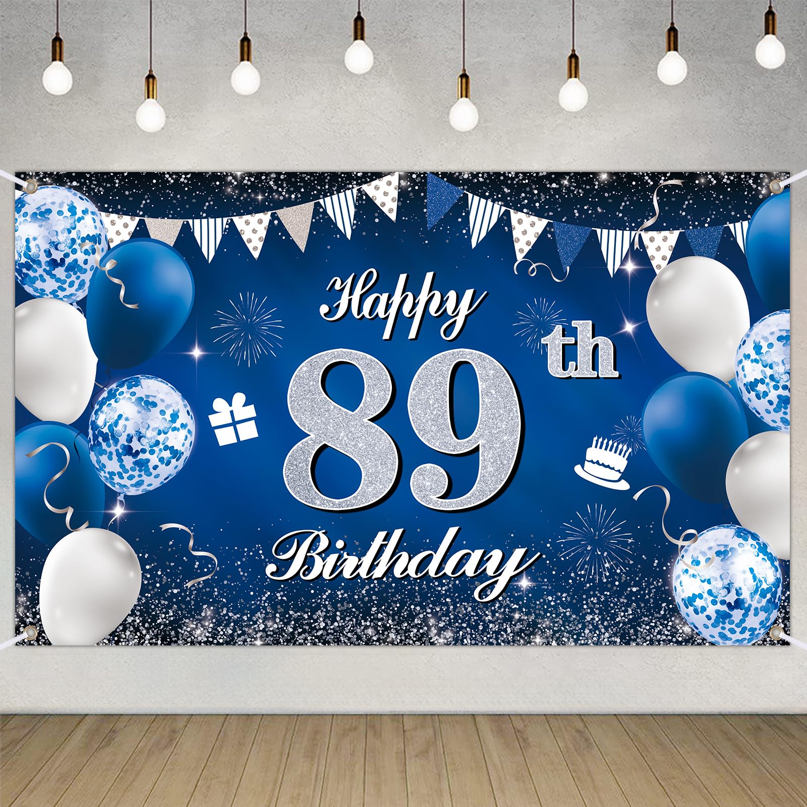 Happy 89th Birthday Decorations Blue Birthday Banner for Party Backdrop for Men Women Party Decoration Supplies