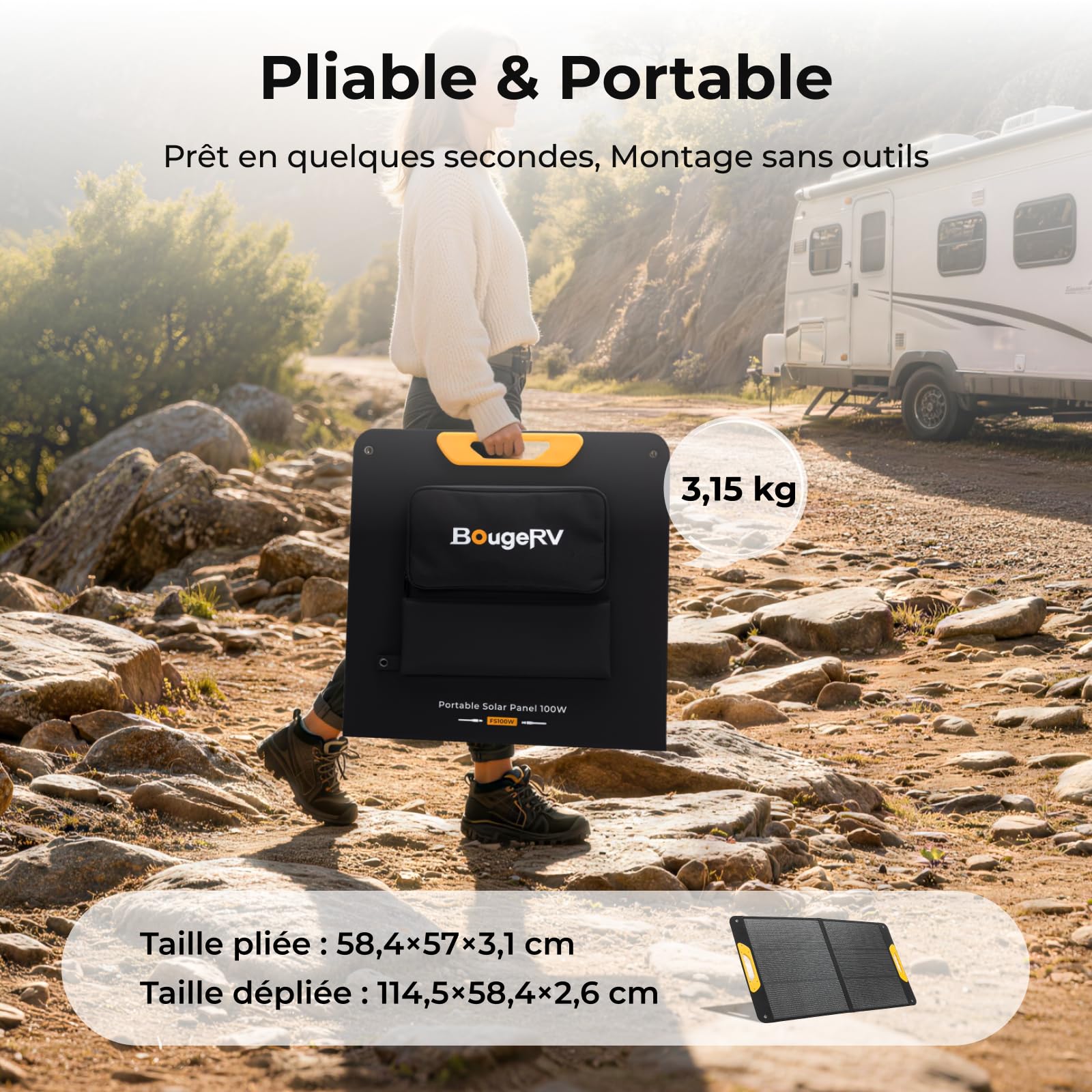 BougeRV 100W Panneau Solaire Pliable, 25% Efficacité N-Type, pour Batterie 173Wh/277Wh, Fibre de Verre, Étanche IP65, pour Station Énergétique, Camping, Extérieur, Jardin