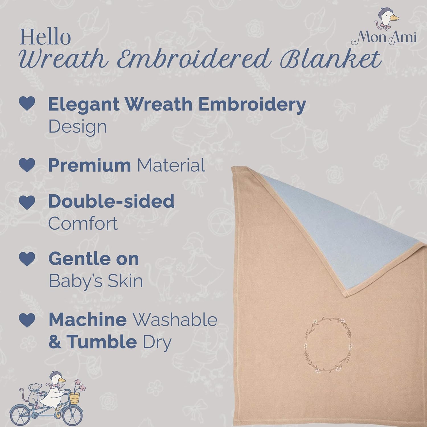 MON AMI 40-Inch Wreath Embroidered Double-Sided Blanket | 100% Cotton Brown Throw with Crinkle Muslin Backing | Soft, Lightweight & Machine Washable | Nursery & Gift Essential