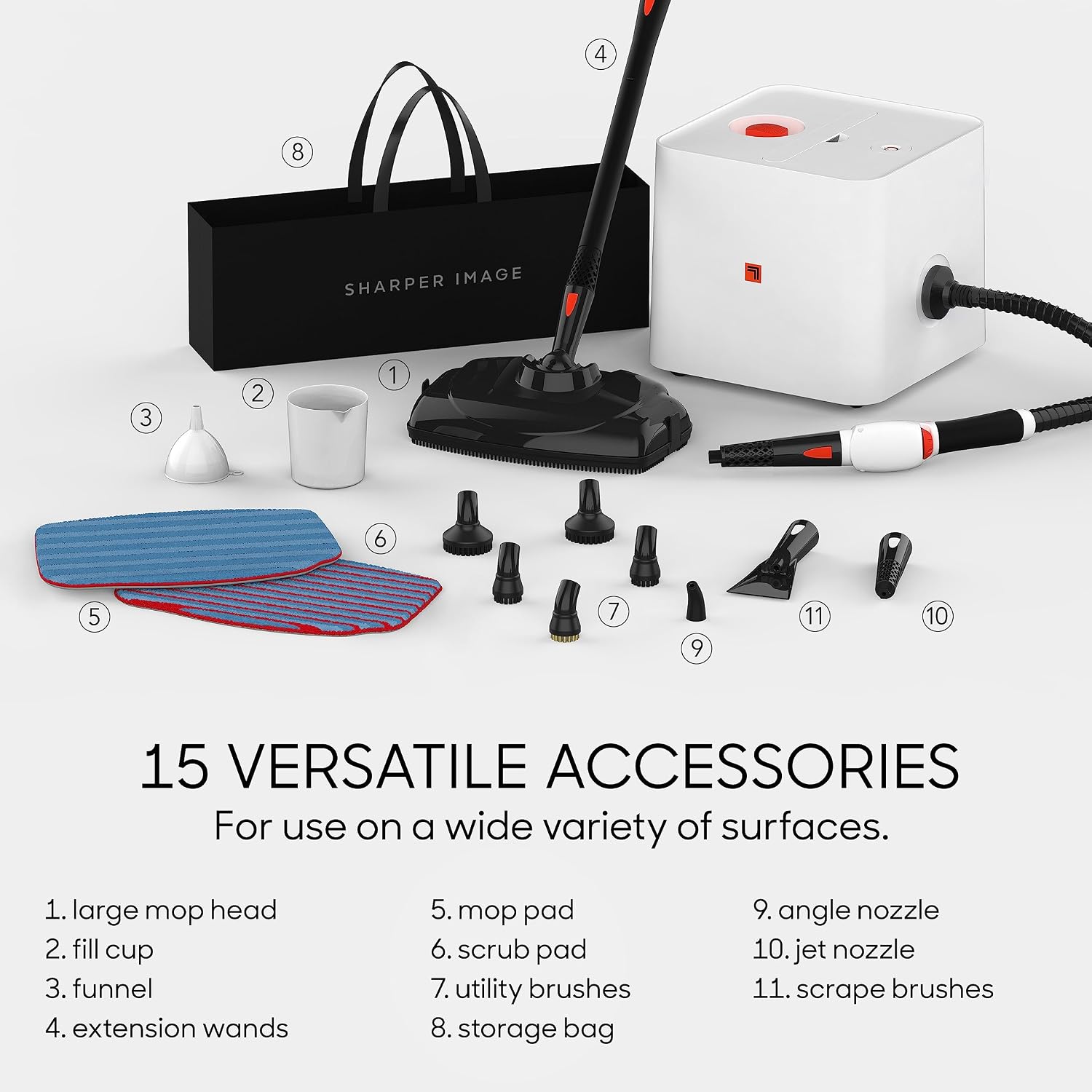 Sharper Image SI-380 Steam Cleaner with 15 versatile accessories laid out.