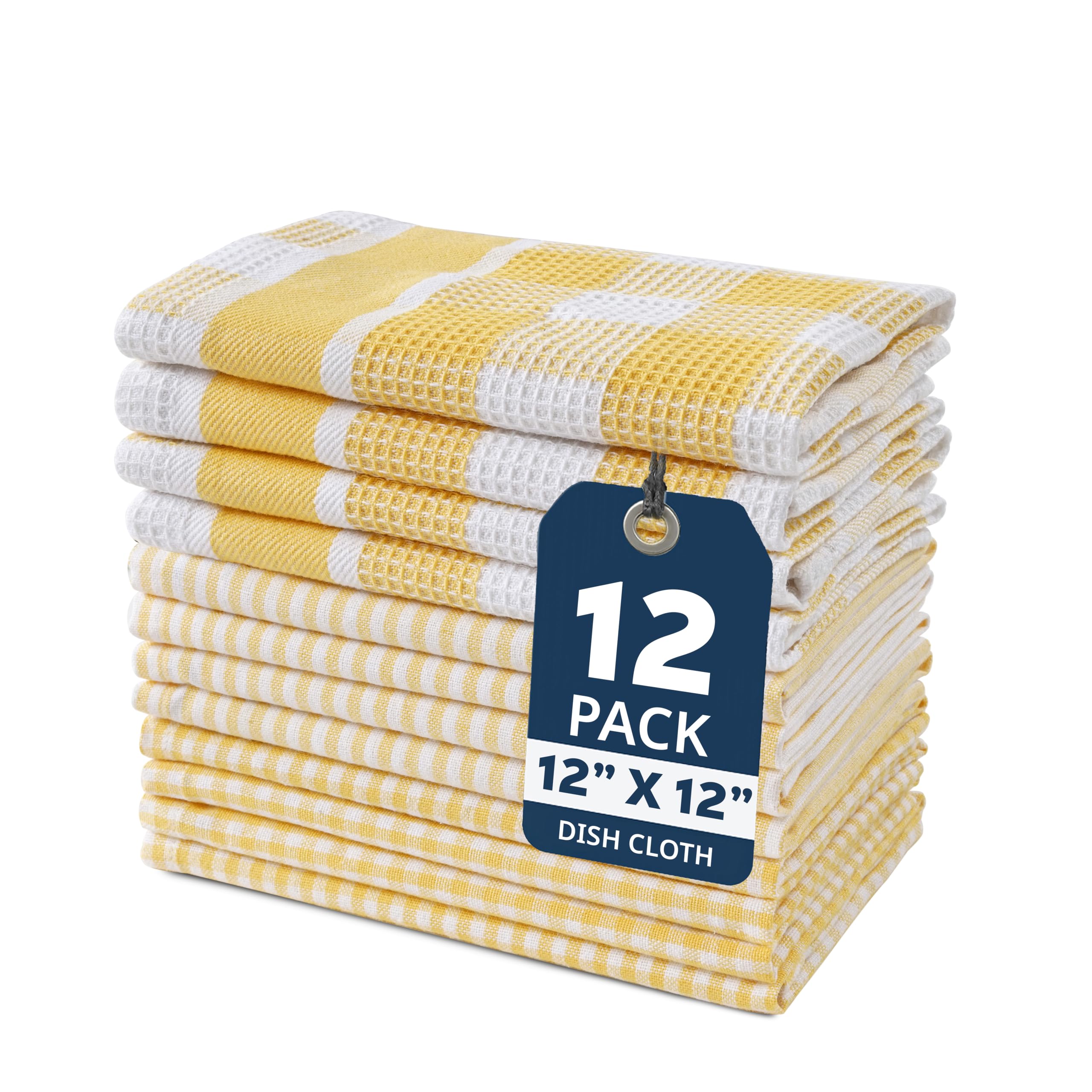 LANE LINEN Paños de cocina 100% algodón, ultrasuaves, absorbentes, de secado rápido, multitejido, 13 x 13 pulgadas, paquete de 12 unidades, color amarillo