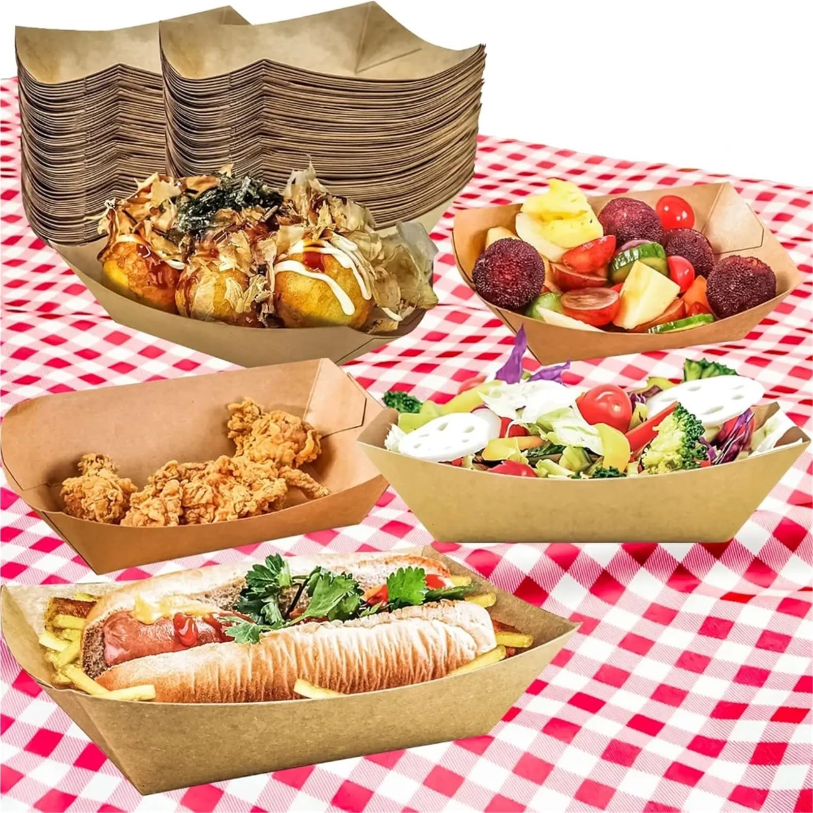 Vassoi di carta per alimenti, 1000 pezzi, in carta kraft marrone, usa e getta, riciclabili, per servire alimenti, barche, vassoi da asporto, forniture per feste per patatine fritte