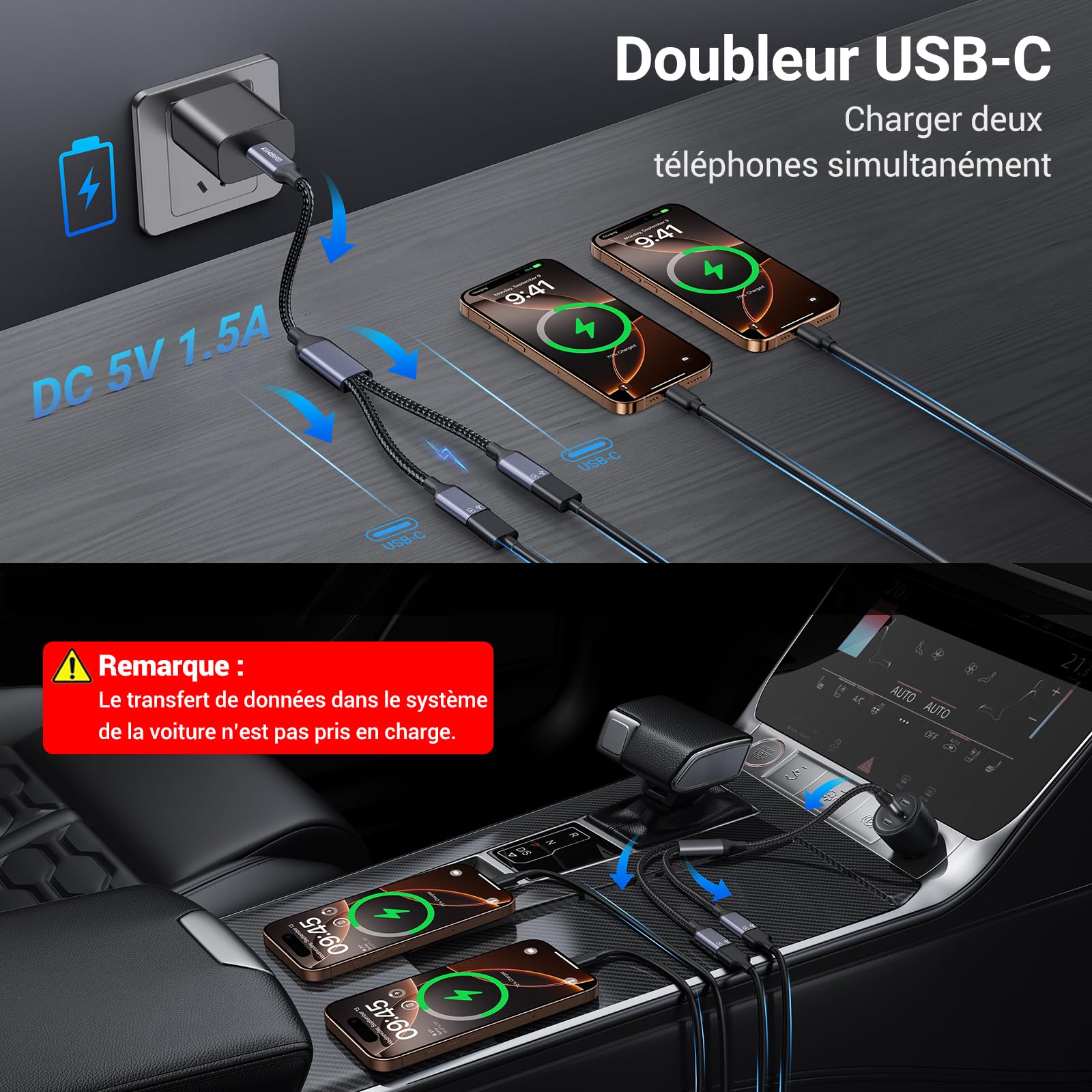 Adaptateur Double USB C mâle vers femelle KiwiBird pour charge données ordinateur portable Mac