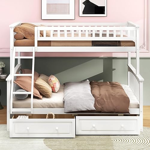 Miniatura 180 de Litera individual sobre matrimonial con cajones, escalera deslizante y almacenamiento, litera de madera con barandilla alta y escalera para niños,