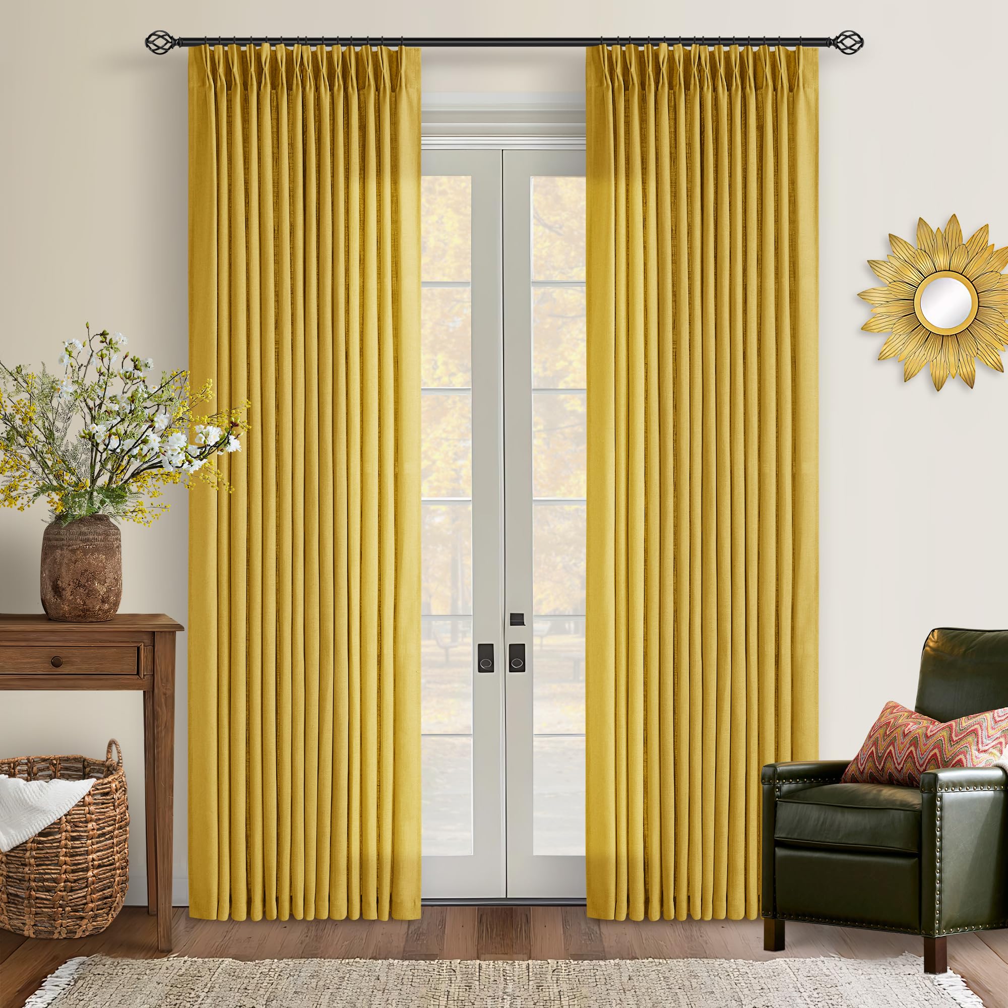 TWODRAPES Mustard Yellow 80 Inch Pinch Pleated Linen Light Filtering Curtains 2 Panels