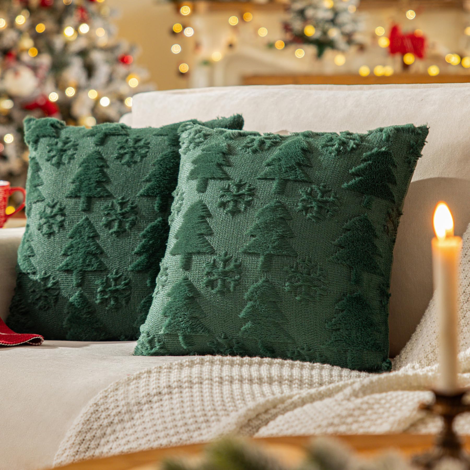 Green Christmas Tree Throw Pillow Covers 18"x18" Set of 2, Winter Snowflake Decorative Pillow Covers Soft Plush Embroidery Cushion Covers Holiday Accent Pillows for Couch Farmhouse Home Decor