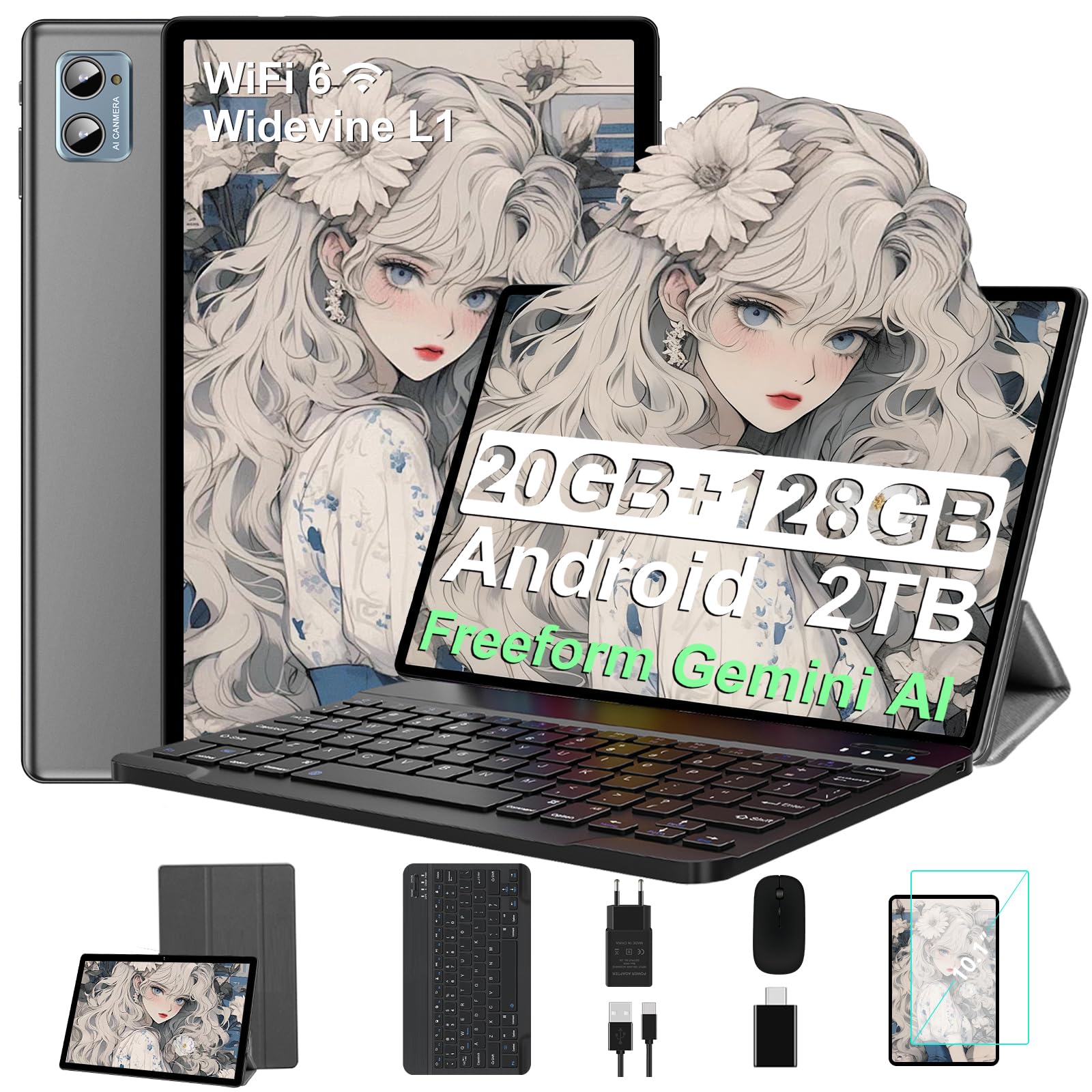 2026 Tablet 10 Pollici con Widevine L1, Android, 20GB RAM+128GB ROM(TF 2TB), Octa-Core 2GHz, WiFi 6, Gemini AI, Bluetooth 5.0, 8MP+5MP, con Tastiera e Mouse, Grigio