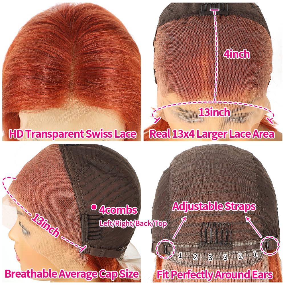 Brazilian Virgin Ginger Straight Bob Wig Straight Human Hair 13X4 Lace Front Wigs Pre Plucked Bleached Knots Straight HD Lace Front Wig 350# Color (350 bob wig - Image 4