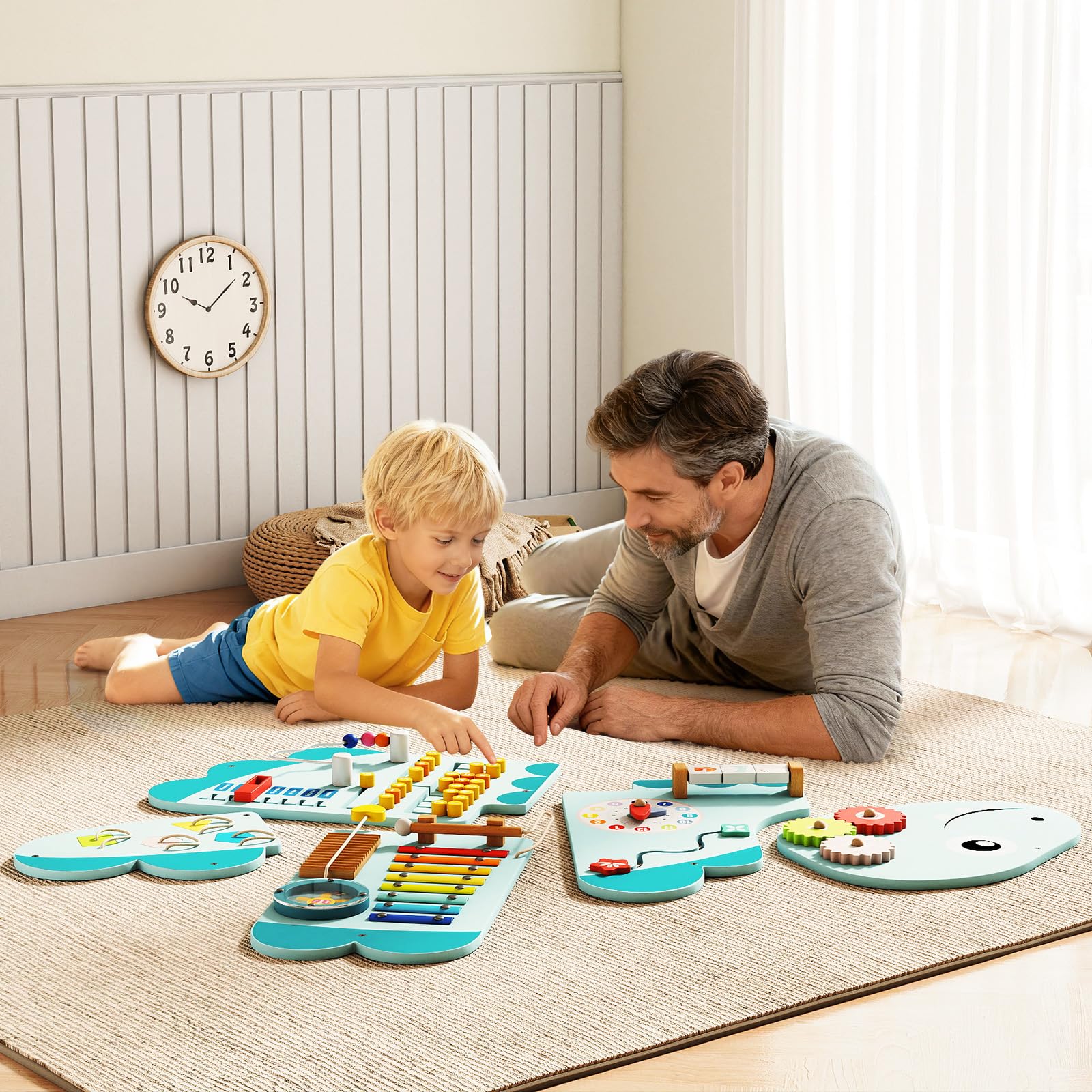 DREAMADE Montessori Busy Board, Motorikbrett aus Holz mit Blöcken & Xylophon & Zahnrädern & Uhr, Montessori Wandboard Motorikspielzeug für Kinder ab 3 Jahren (Dinosaurier-Blau)