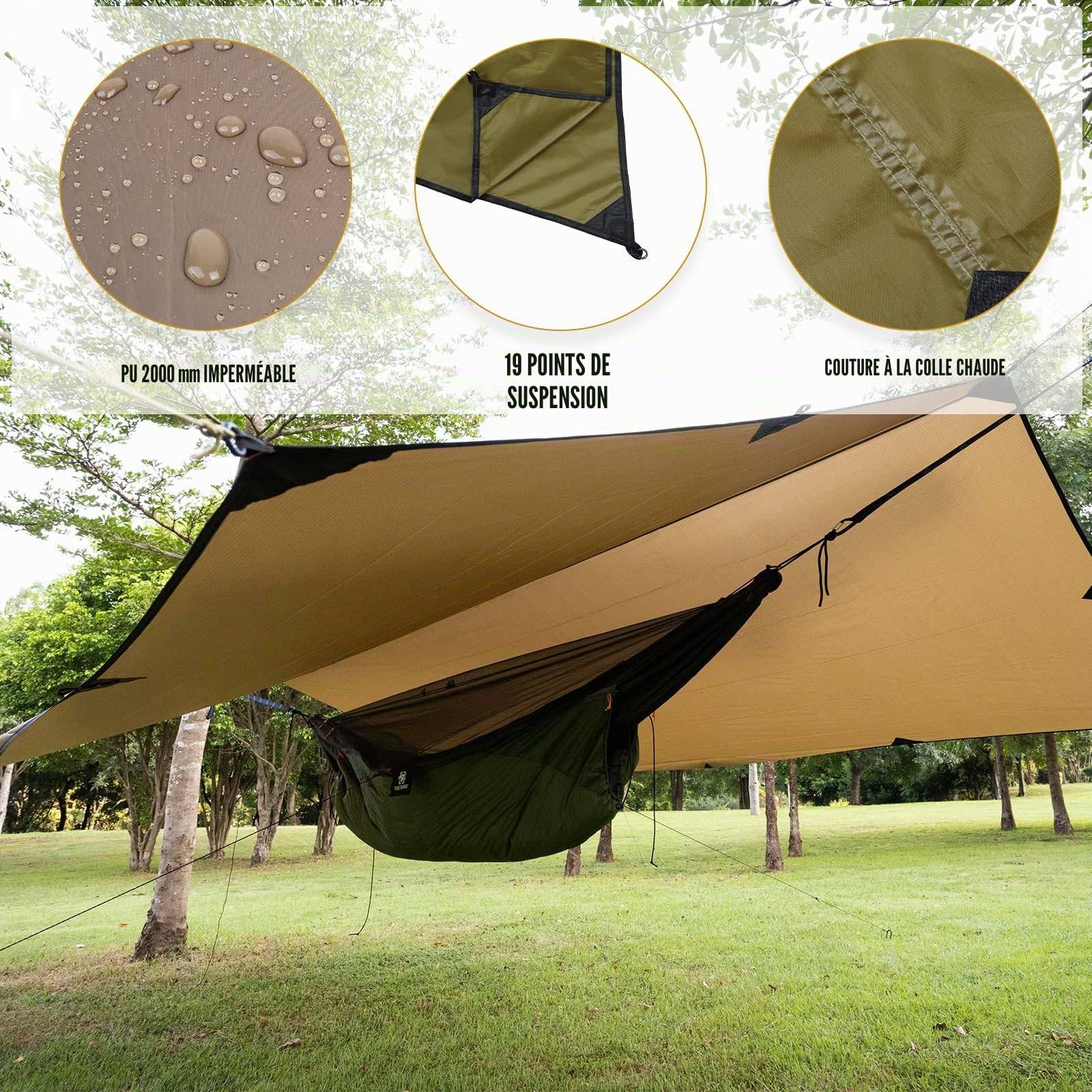 OneTigris Toile d'ombrage légère et imperméable pour le camping, la randonnée, compacte, polyvalente, durable