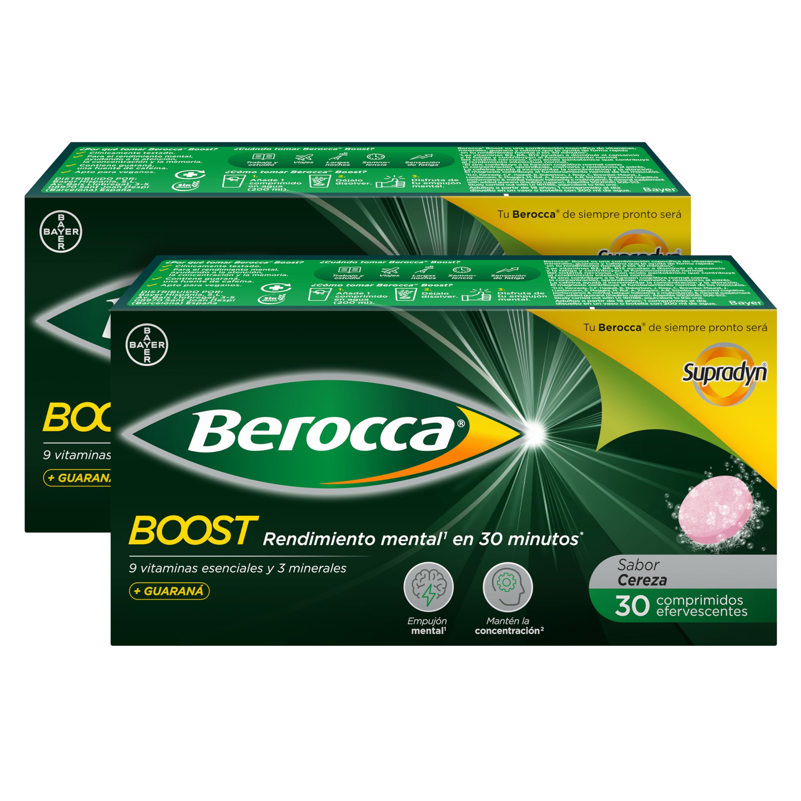 Berocca Boost Comprimidos Efervescentes, Complejo de Vitaminas y Minerales con Cafeína y Guaraná Natural, para una Ayuda Rápida en el Rendimiento Mental y Físico, Formato Ahorro 2 x 30 (60)