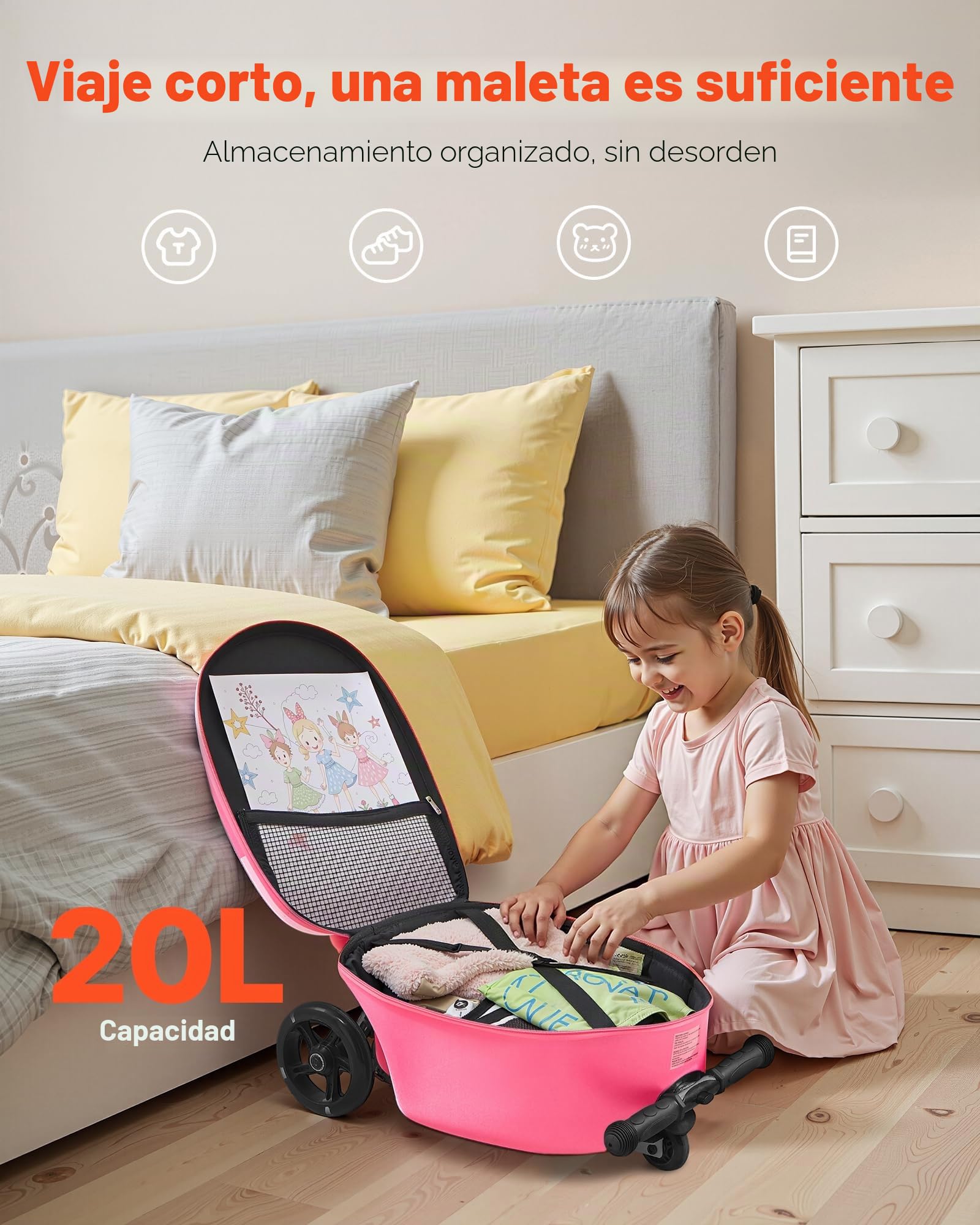 VEVOR Maleta Patinete Infantil 315x670x790 mm Capacidad de 20 L con Ruedas de Poliuretano Asa Ajustable Agarre Antideslizante de TPR Plegable y Ligera para Niños Mayores de 5 Años para Viajar, Rosa