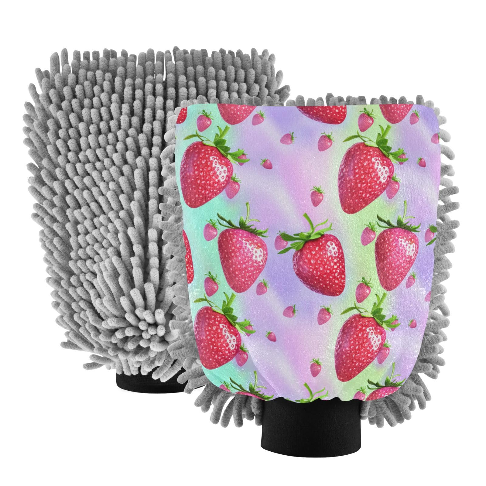 STAYTOP Cute Strawberries Car Wash Mitt Microfiber, 2Pcs Scratch Free Lint-Free, Premium Chenille Microfiber Mitt Car Wash Brush-L